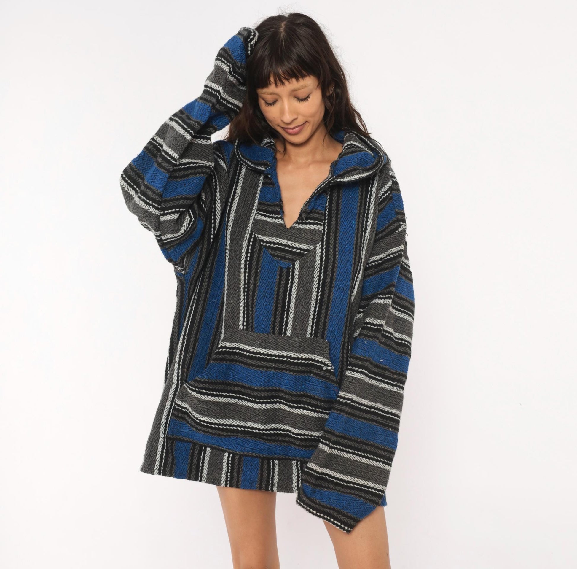 90s Earth Ragz Baja Hoodie Navy Grey Striped Herringbone Plus Size XXL
