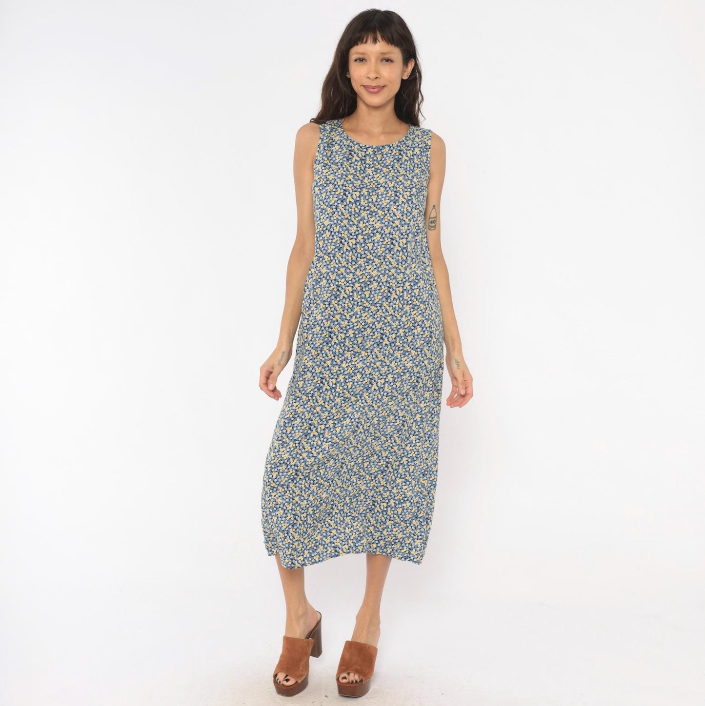 90s Studio Ease Ditsy Floral Midi Dress Navy Blue Yellow Sleeveless Petite Medium