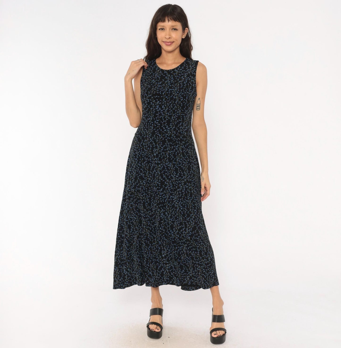 90s Black Vine Print Maxi Dress Blue Leaf Scoop Neck Tank Medium Large