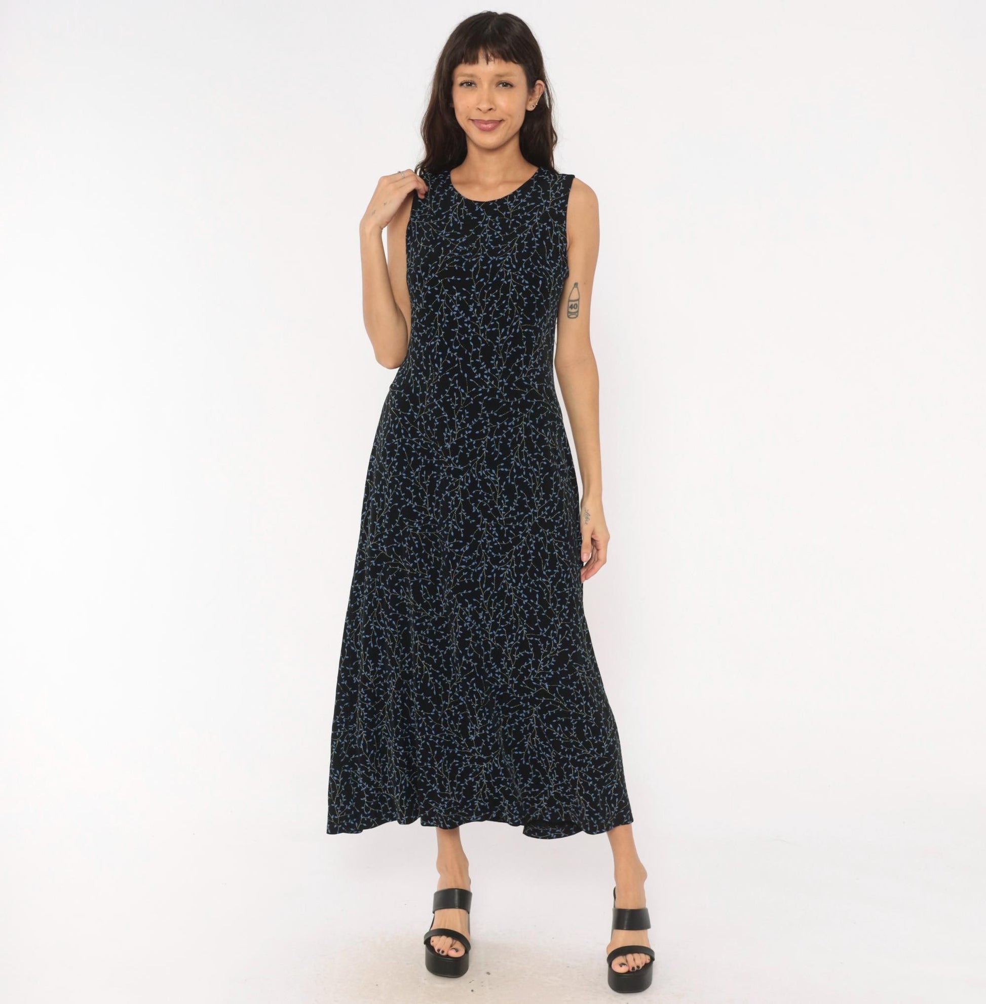 90s Black Vine Print Maxi Dress Blue Leaf Scoop Neck Tank Medium Large