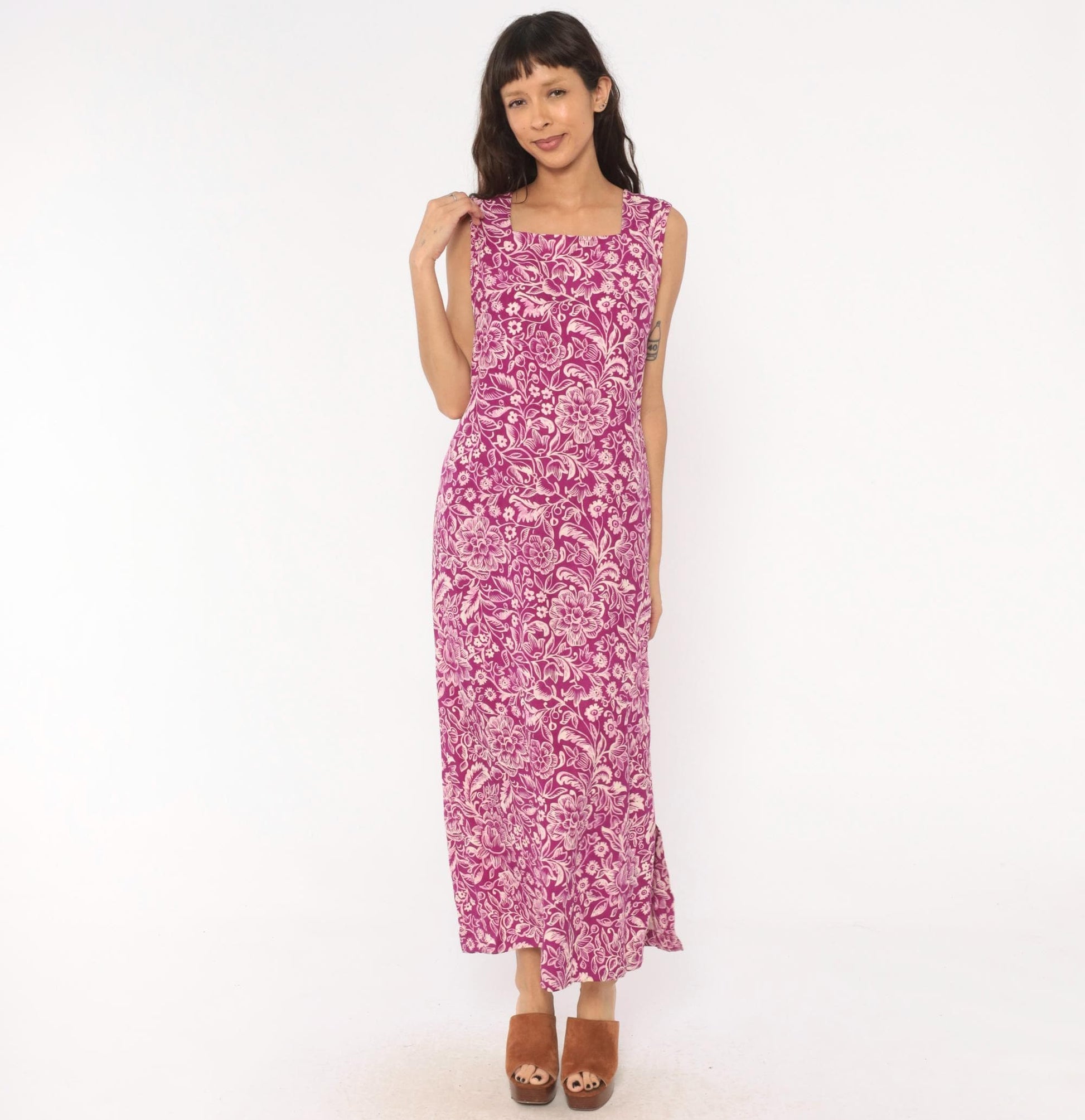 90s Rum Runner Silk Maxi Dress Purple Floral Botanical Print Medium M