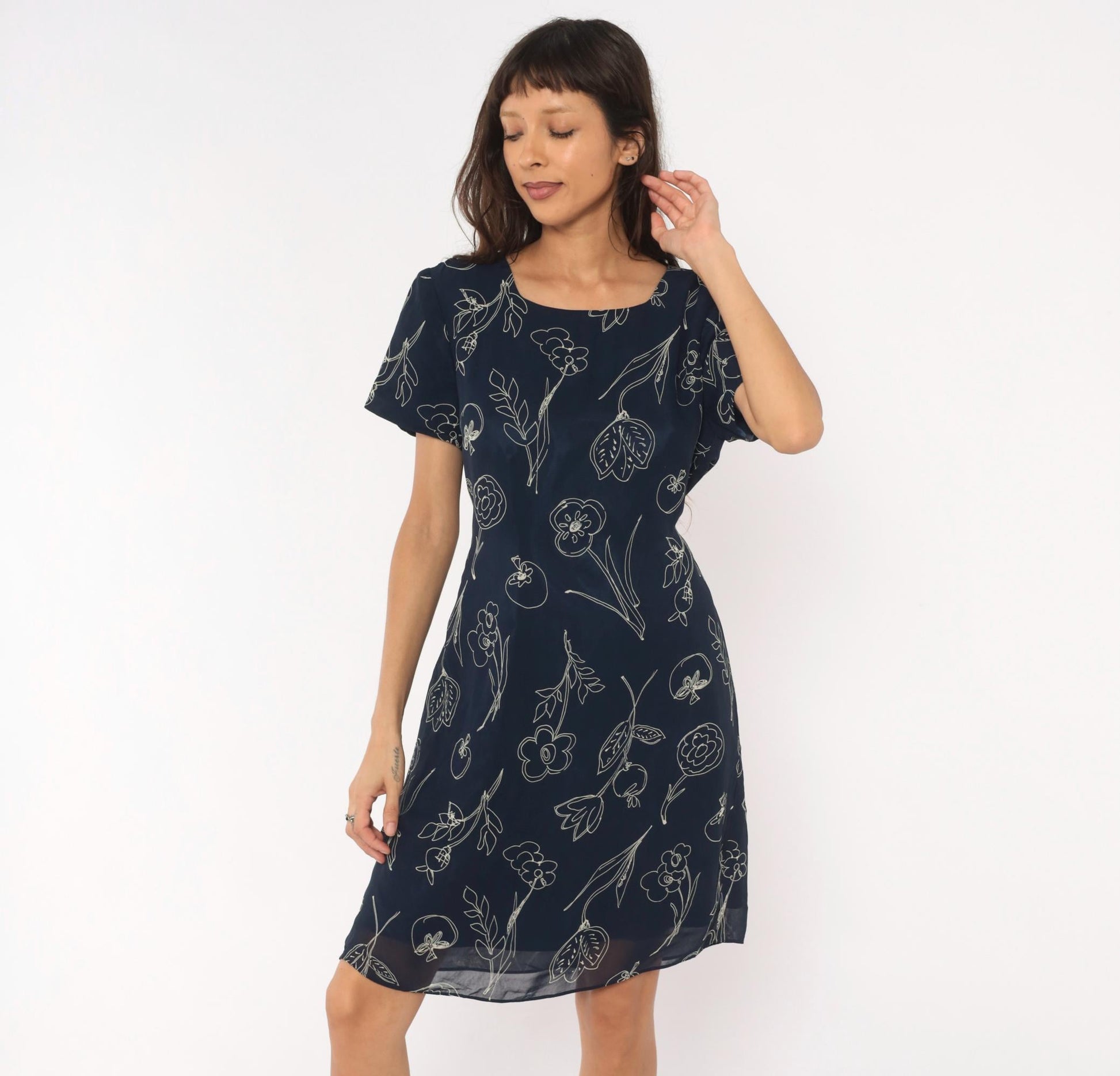 90s Talbots Navy Botanical Line Drawing Knee Dress White Floral Scoop Neck Large L