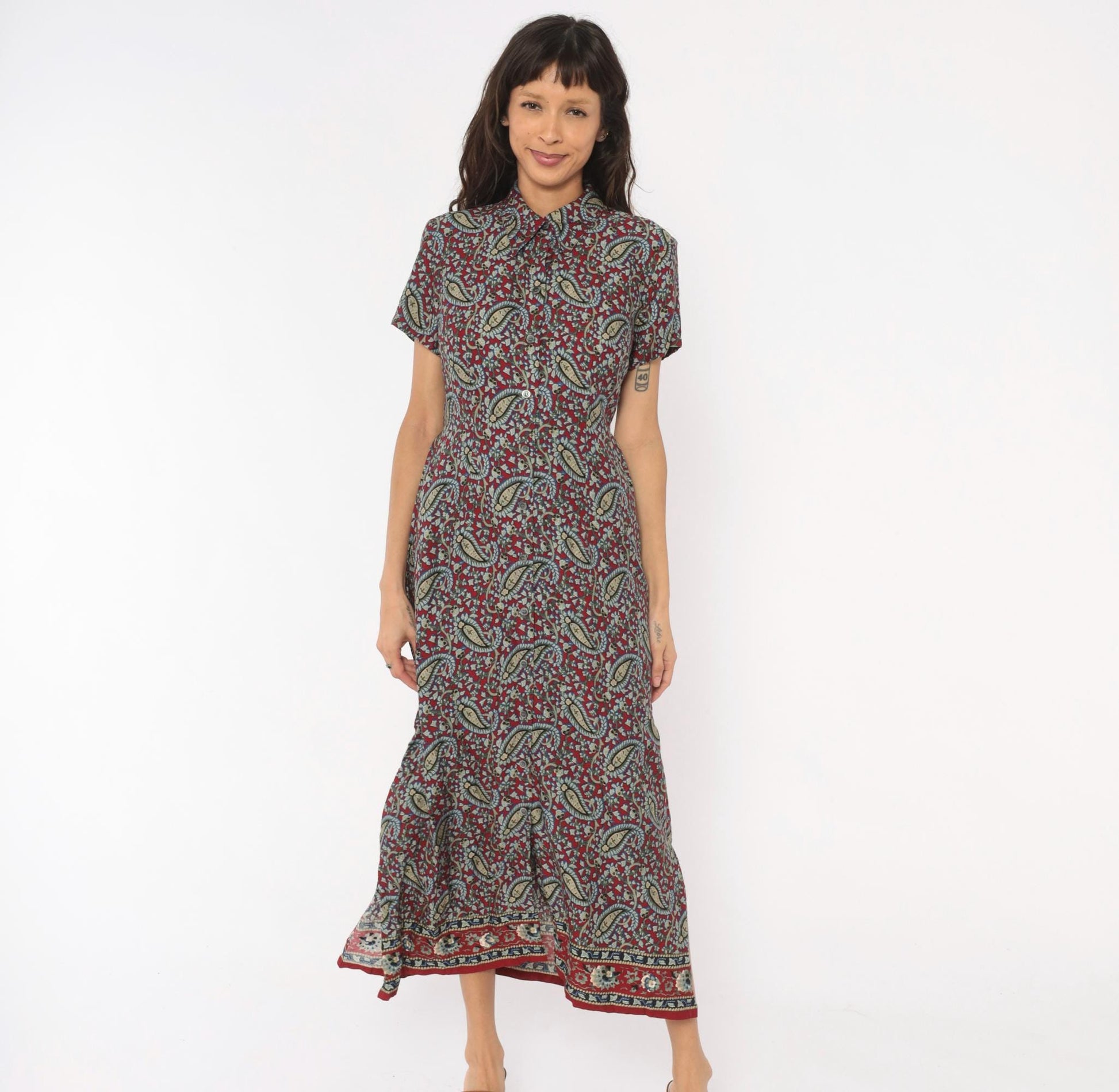 90s Crazy Horse Paisley Maxi Shirtdress Burgundy Small S