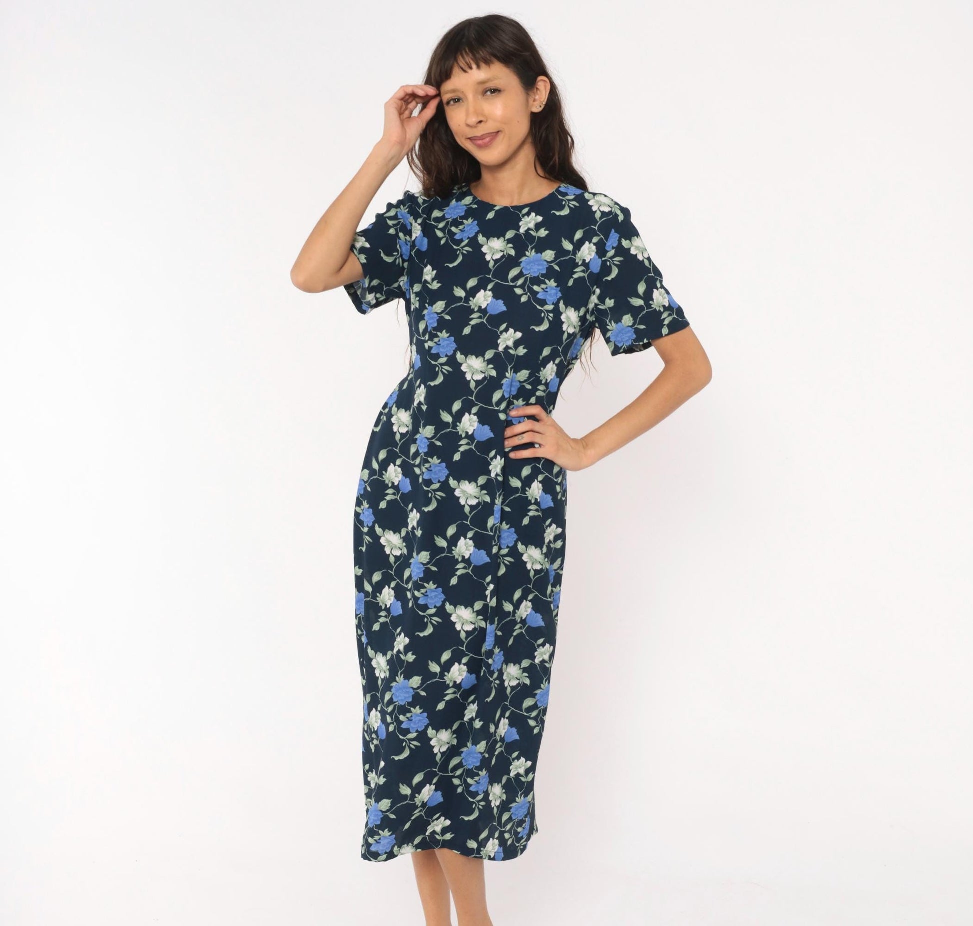 90s J.E. Fashion Floral Midi Dress Navy Blue Rose Print Short Sleeve Medium M