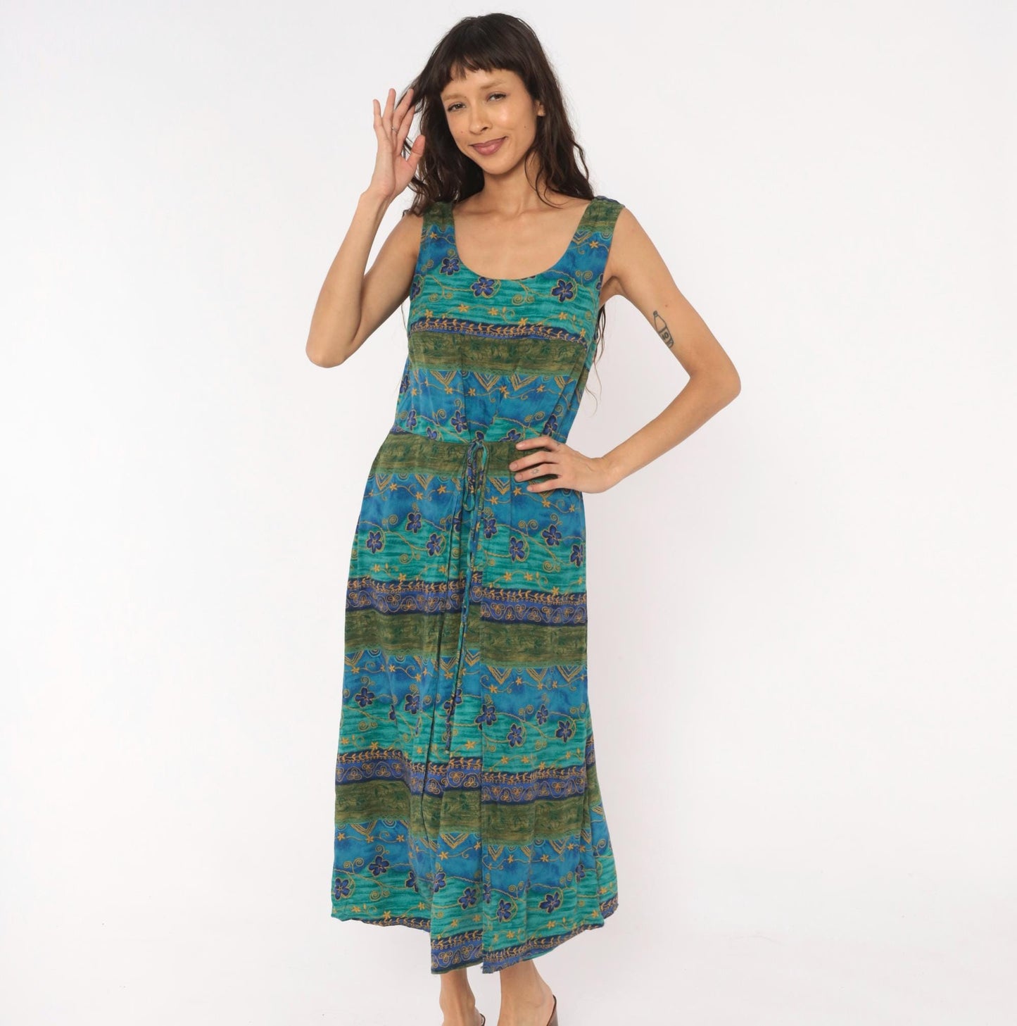 90s Tribal Floral Midi Dress Teal Blue Green Gold Tie Waist Tank Medium M