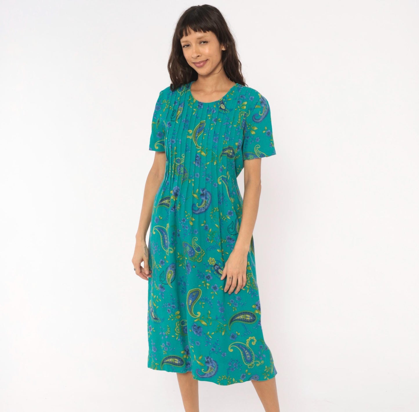 90s Miss Dorby Paisley Pintuck Midi Dress Teal Floral Cotton Medium M