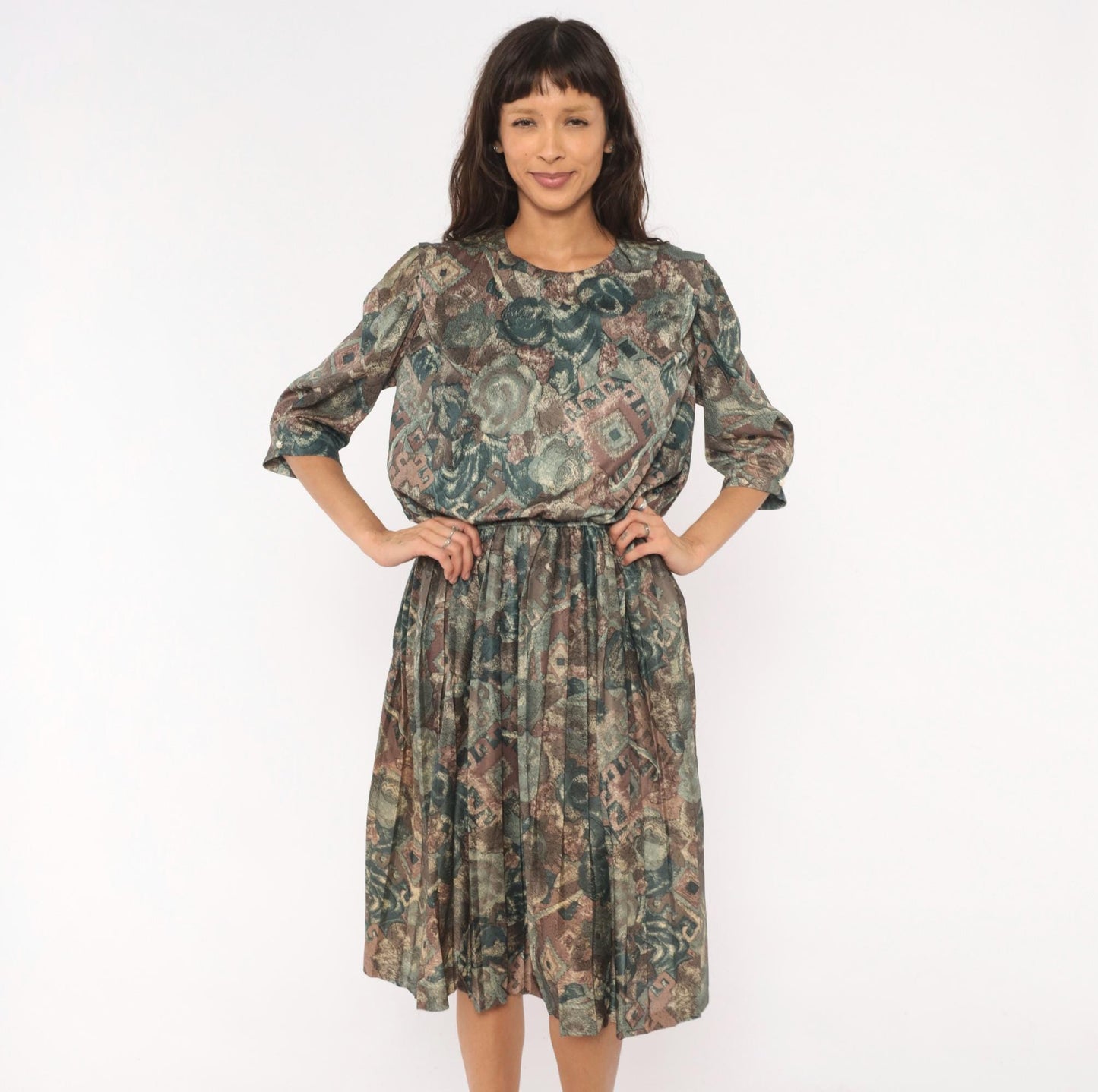 80s M.C.S.Ltd. Abstract Floral Patchwork Dress Puff Sleeve Pleated Knee Teal Medium Large