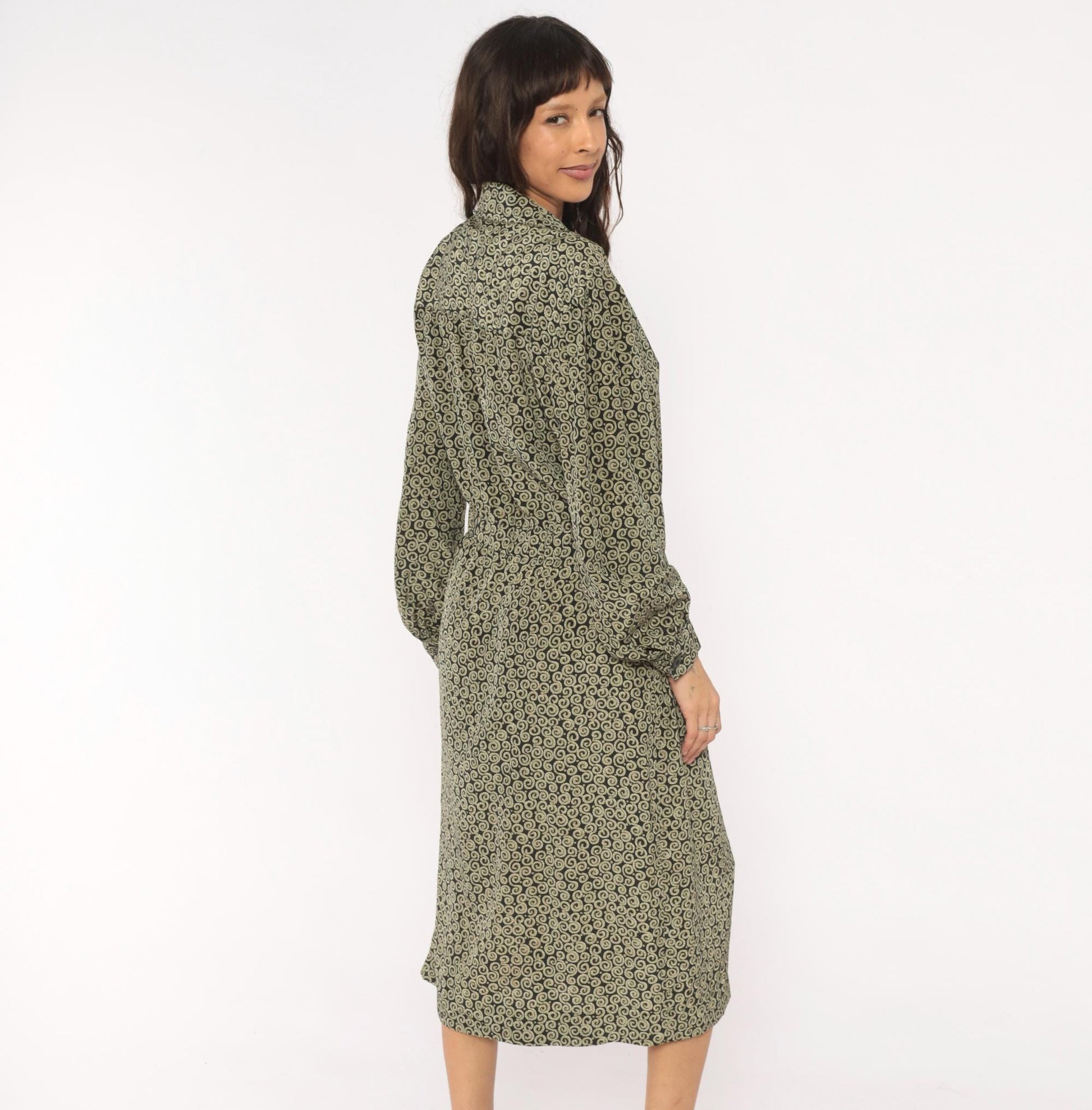 90s Liz Claiborne Navy Olive Scroll Print Midi Shirtdress Large L