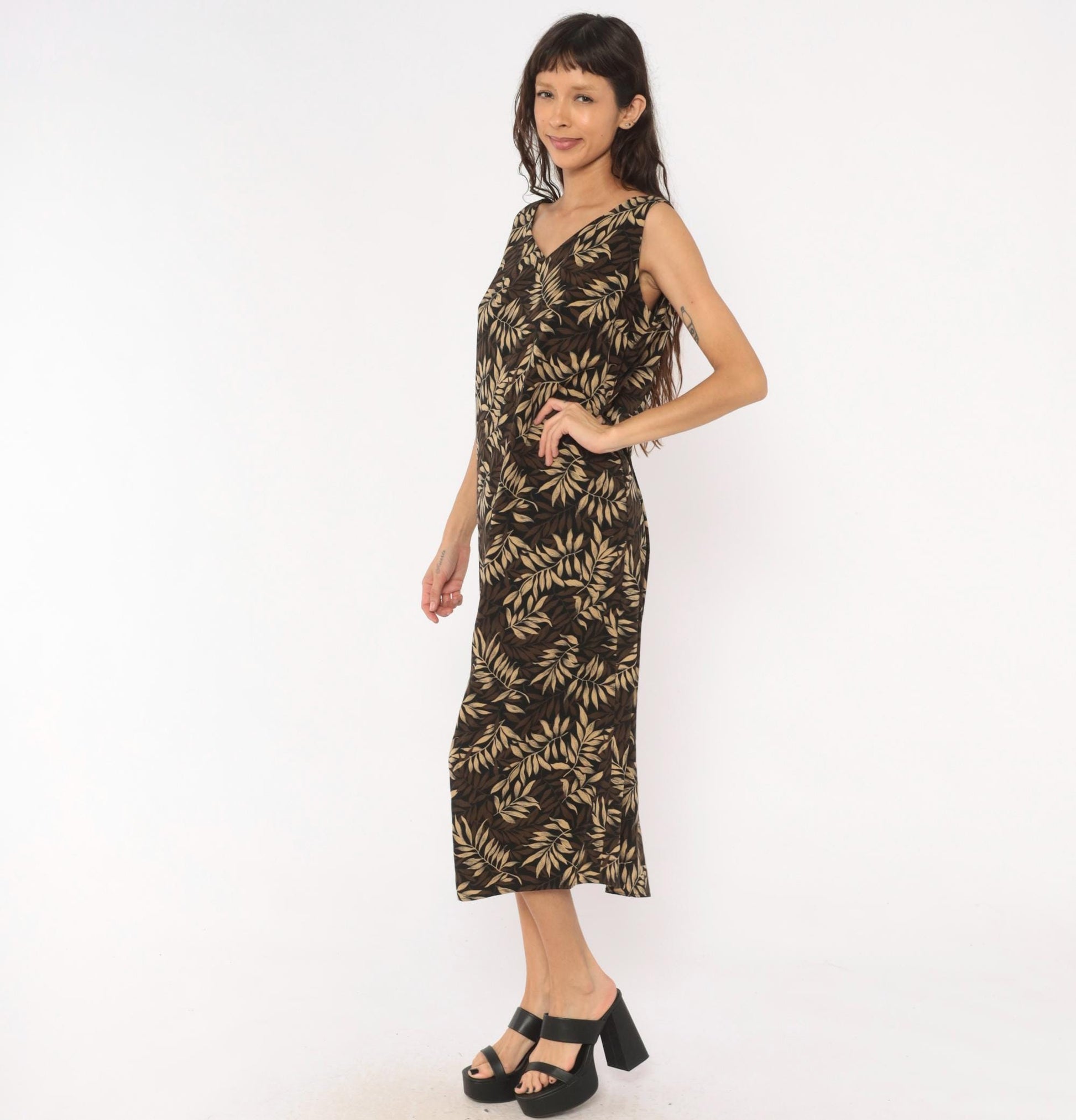 90s Studio I Tropical Leaf Print Midi Dress Sleeveless V-Neck Black Large L