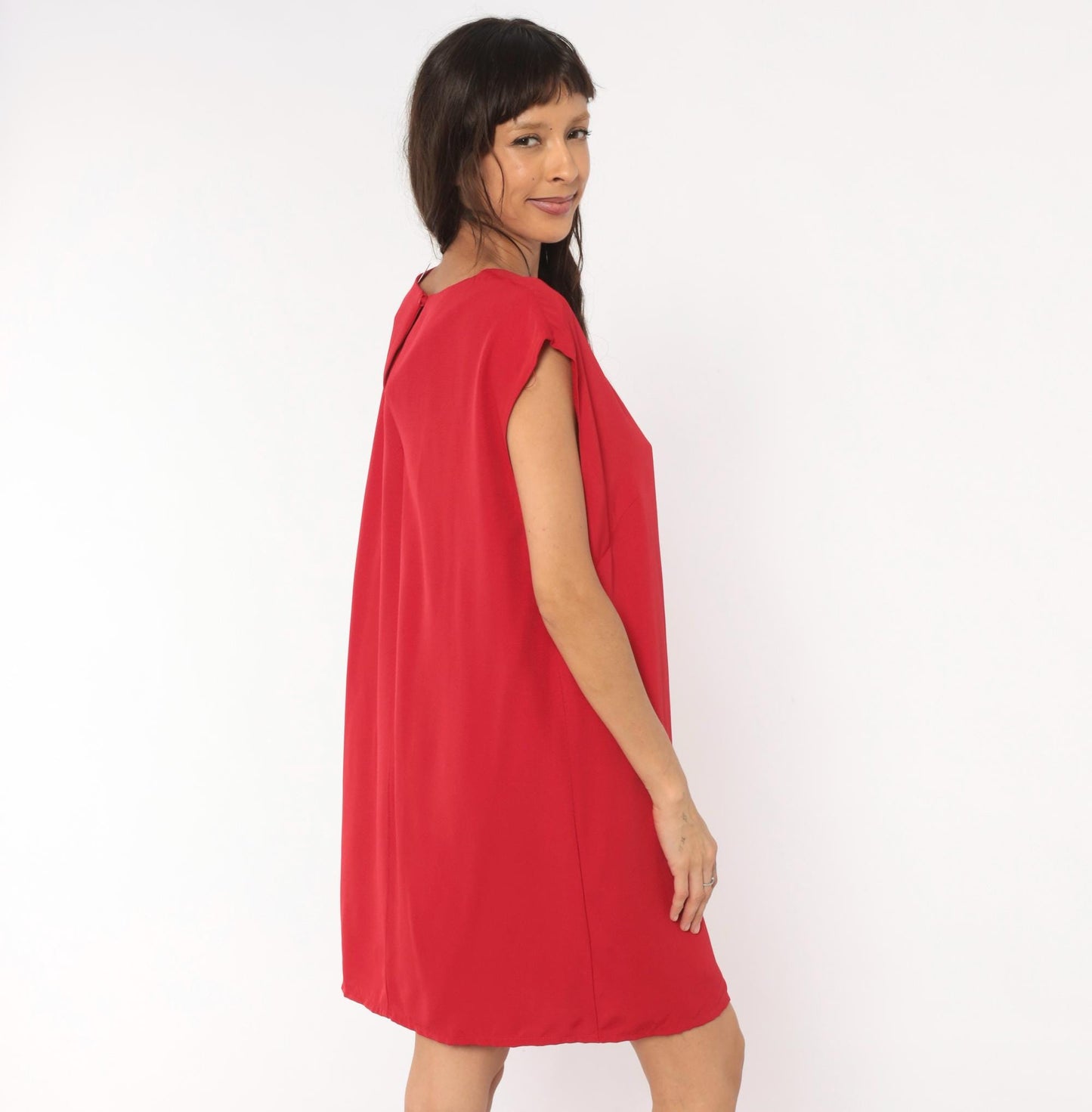 90s Red Shift Dress Cap Sleeve Knee-Length Scoop Neckline Large L