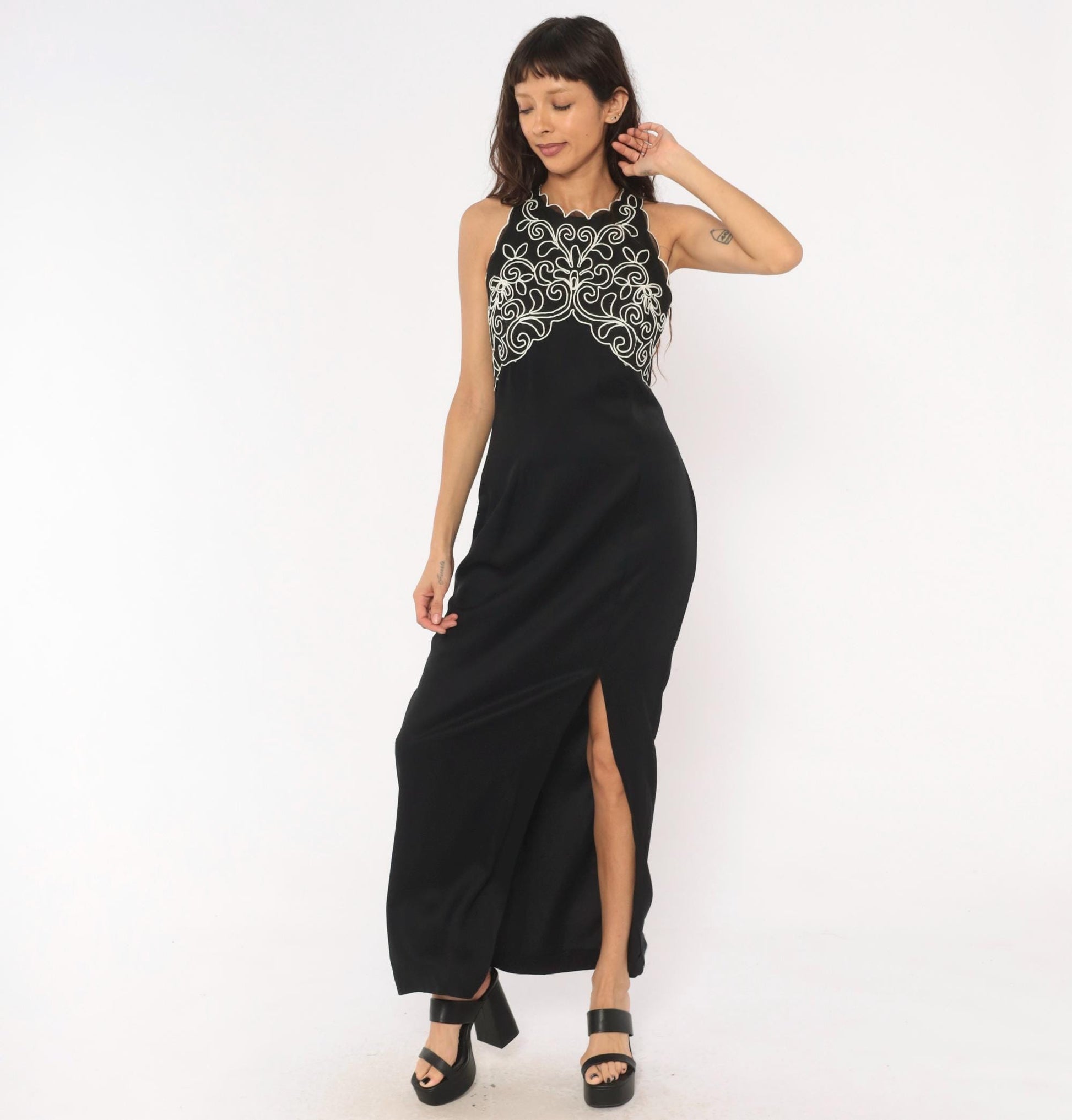 90s Scott Mcclintock Black Maxi Halter Gown White Soutache Embroidery Medium M