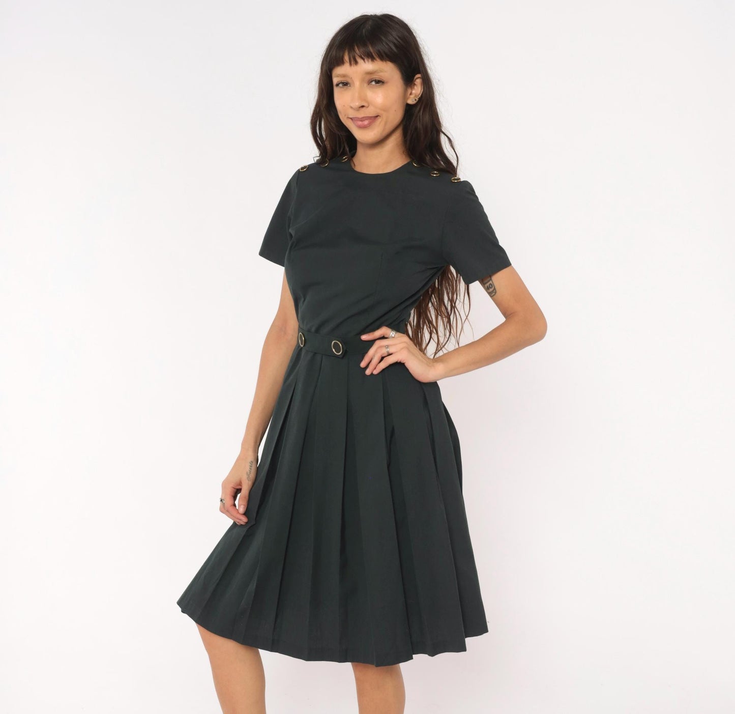 60s Charcoal Pleated A-Line Dress Gold Grommet Detail Cotton Small