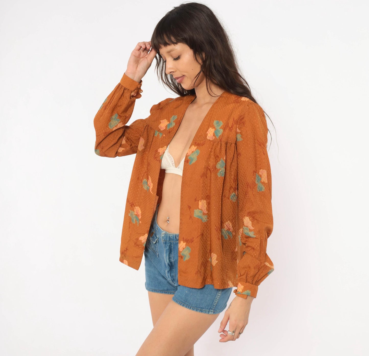 70s Floral Open Front Blouse Rust Copper Puff Sleeve Dobby Weave Small S