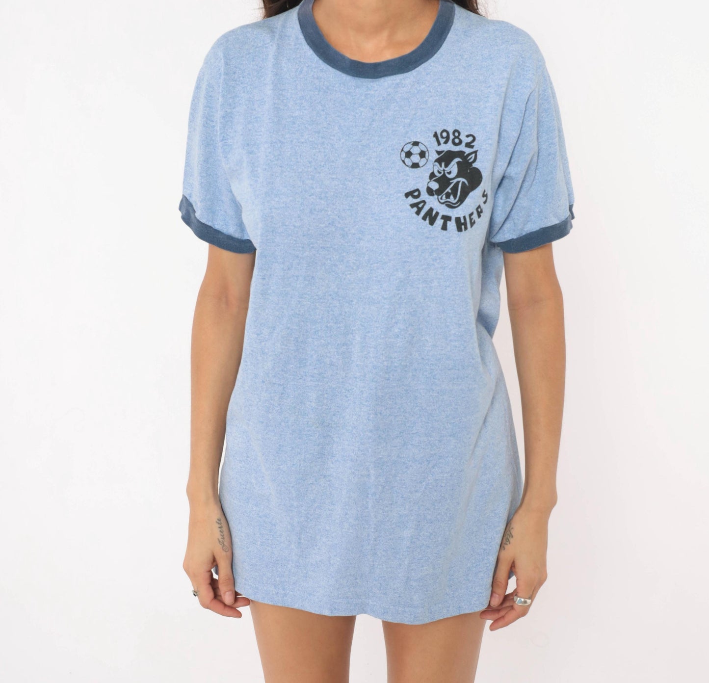 1982 Panthers Soccer Ringer Tee Blue Heather Navy Trim Graphic Large