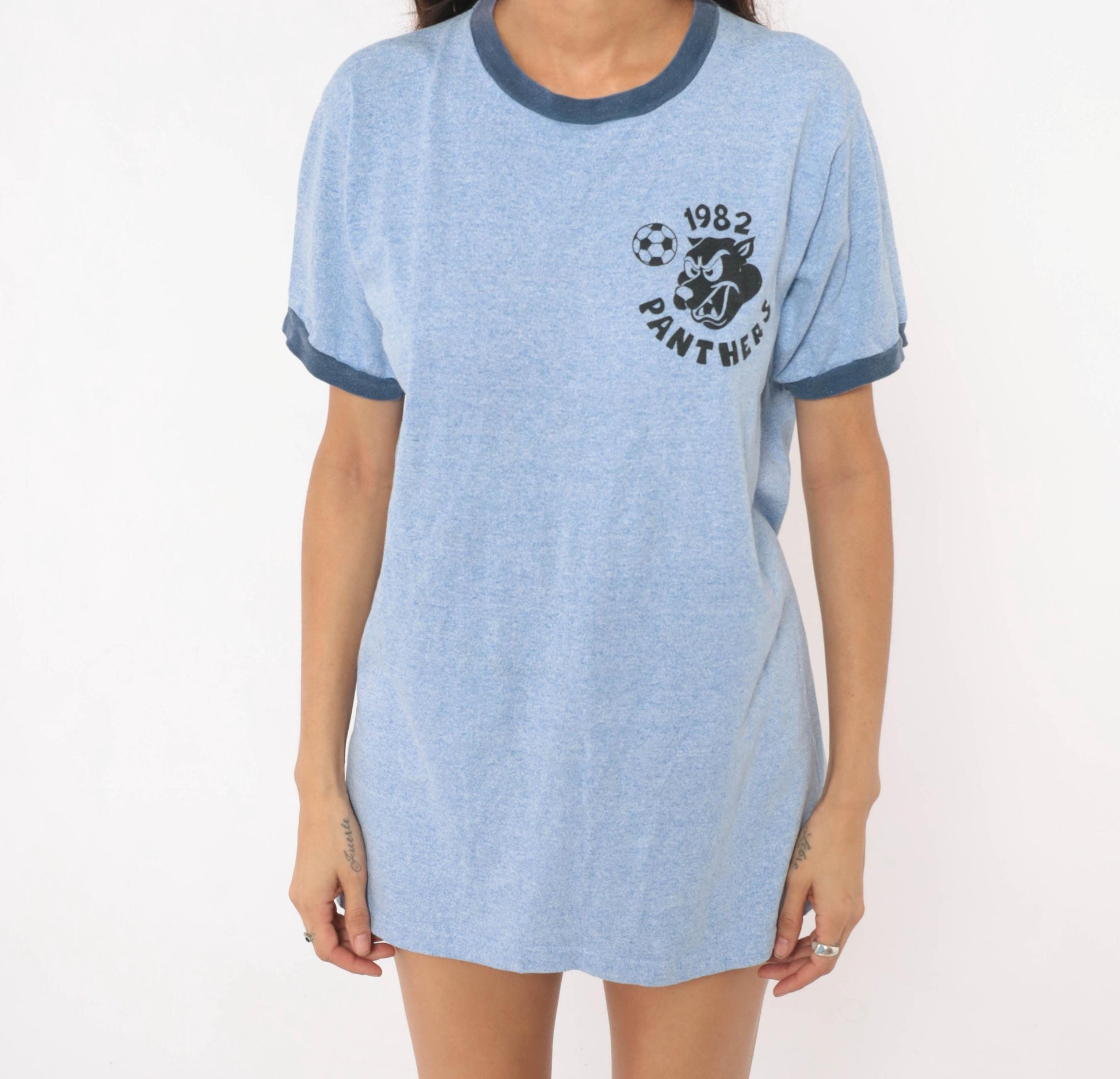 1982 Panthers Soccer Ringer Tee Blue Heather Navy Trim Graphic Large