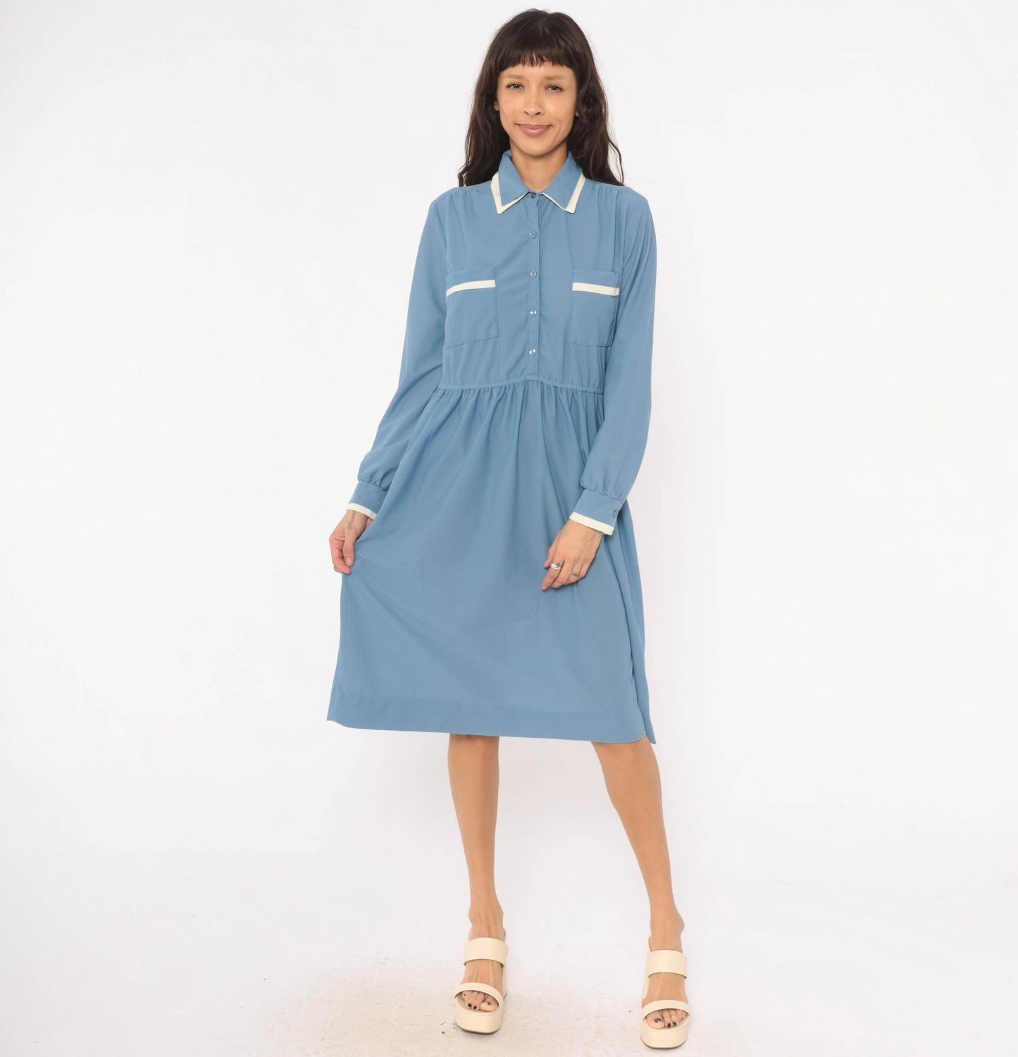 70s Stellas Powder Blue Shirt Dress Gathered Waist Knee Length Medium M
