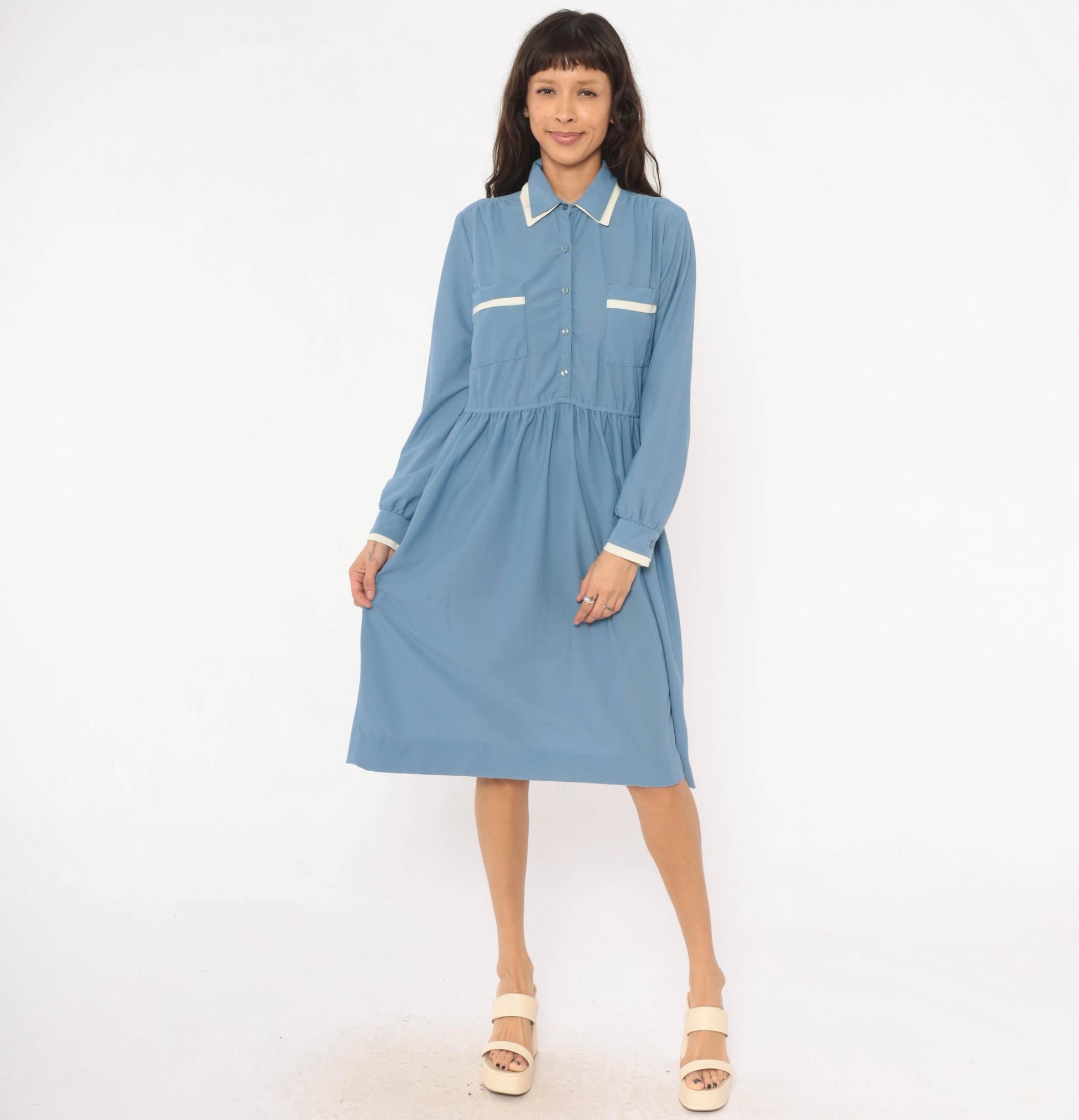 70s Stellas Powder Blue Shirt Dress Gathered Waist Knee Length Medium M