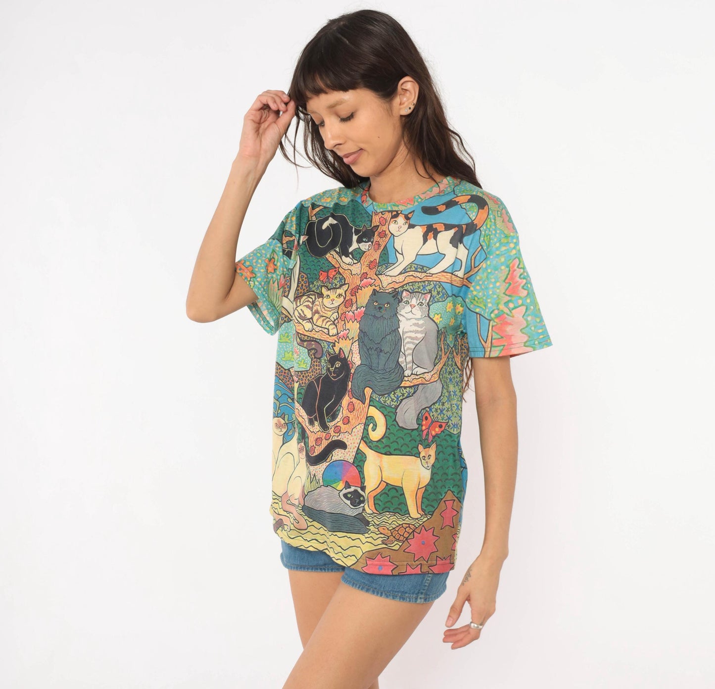 Y2K Cat Tree Tee All Over Print Graphic Multicolor Cats Illustration Medium M
