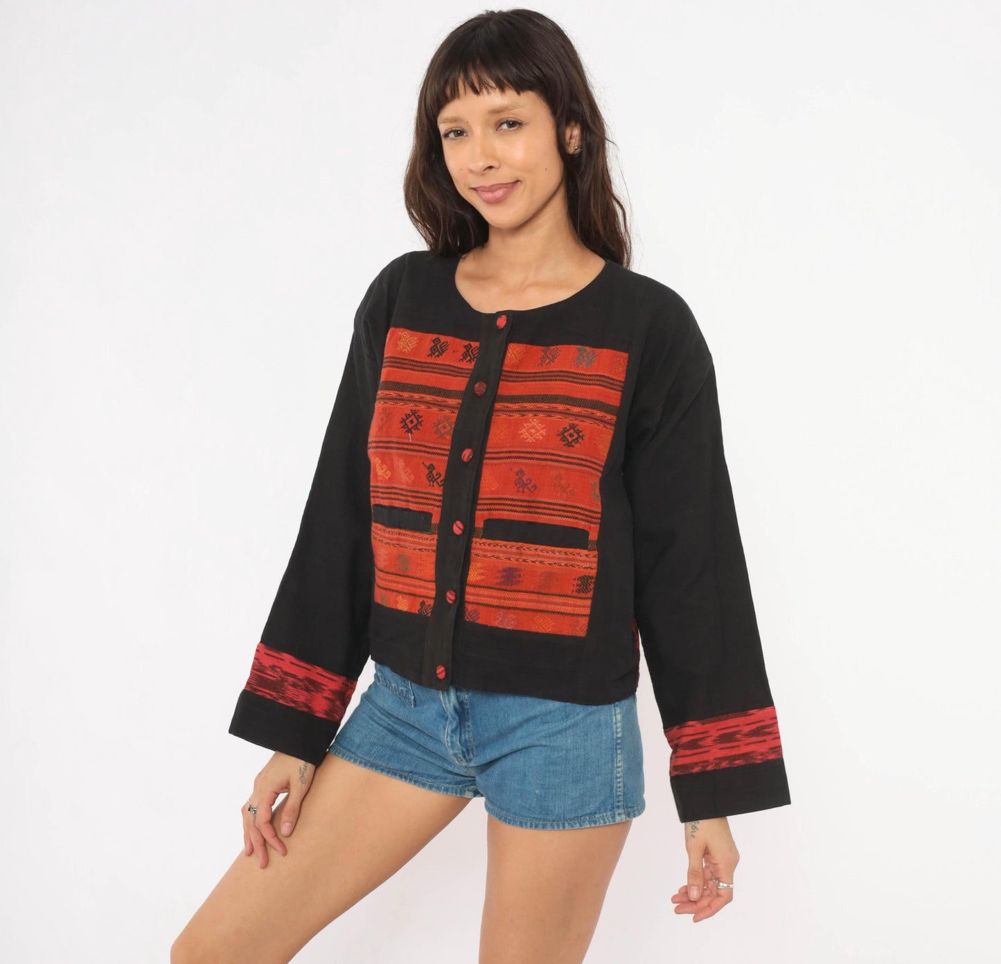 90s Black Cotton Ikat Woven Jacket Red Geometric Folk Art Medium M