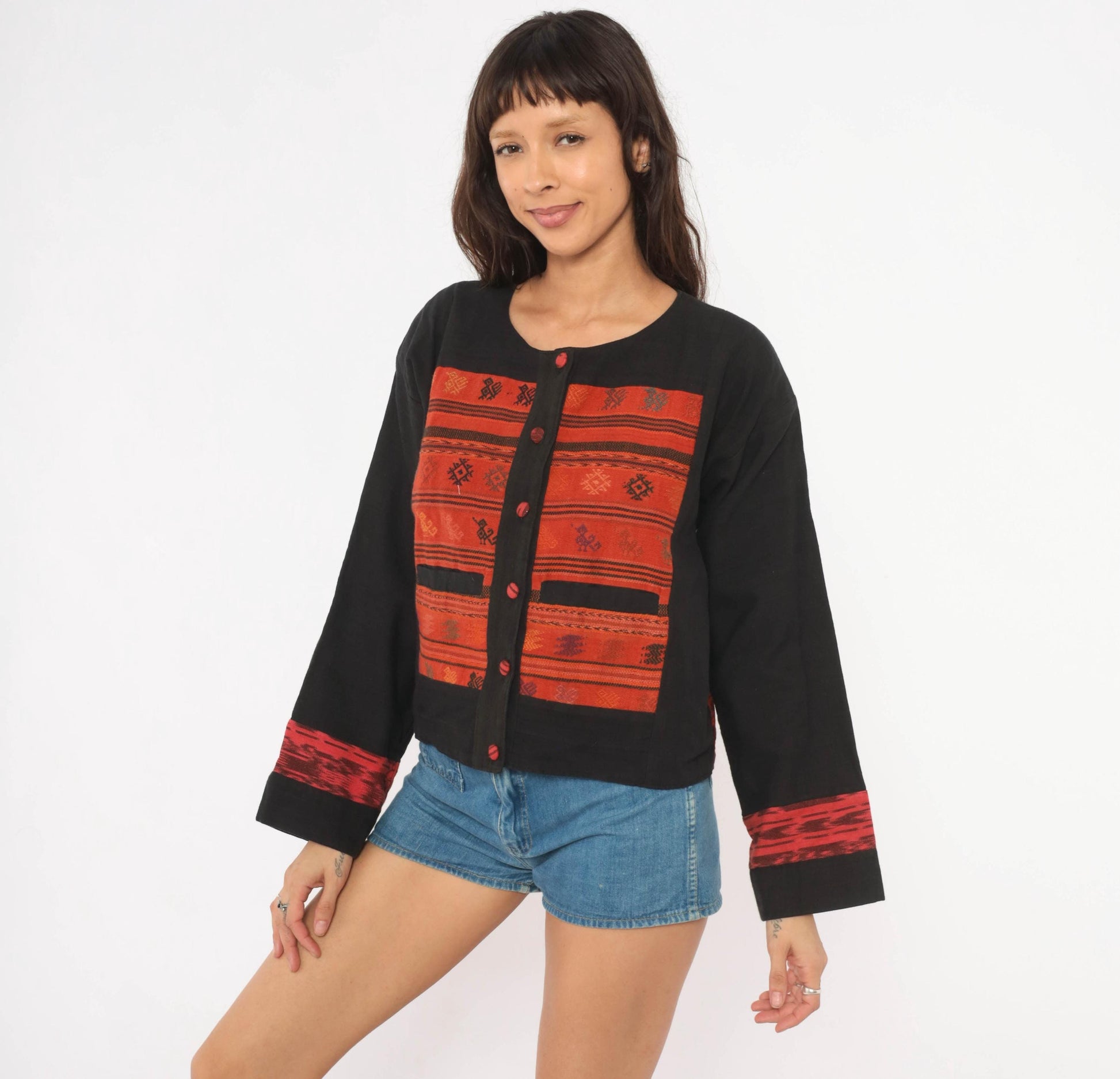 90s Black Cotton Ikat Woven Jacket Red Geometric Folk Art Medium M
