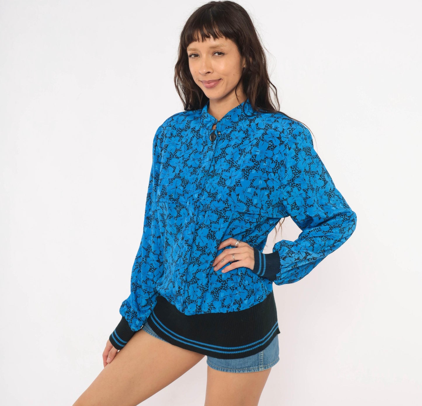 80s B.G.B.Ltd. Floral Bomber Blouse Cobalt Blue Black Mandarin Collar Large L