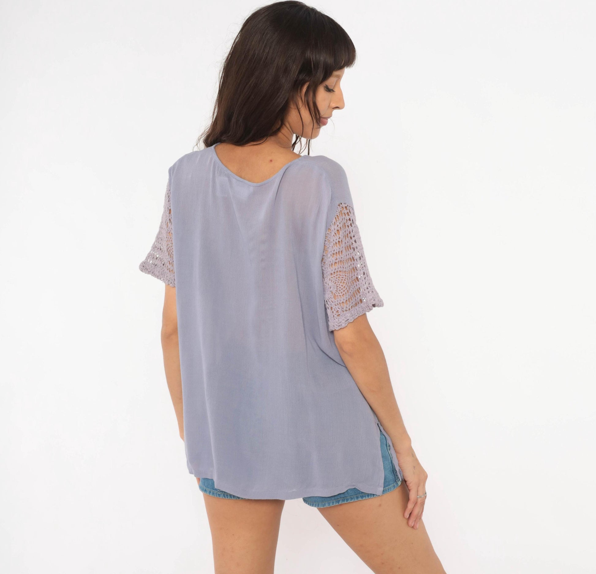 90s Marisol Lavender Crochet Sleeve Blouse Semi Sheer V-Neck Small