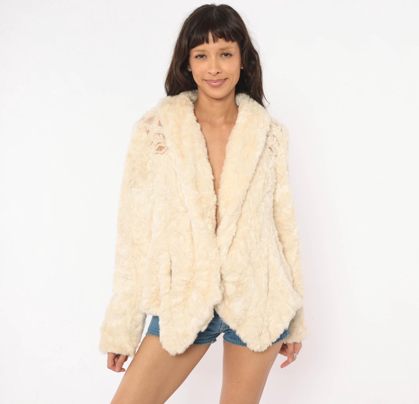 Free People 2000s Cream Faux Fur Jacket Tribal Embroidery Shawl Collar Medium M