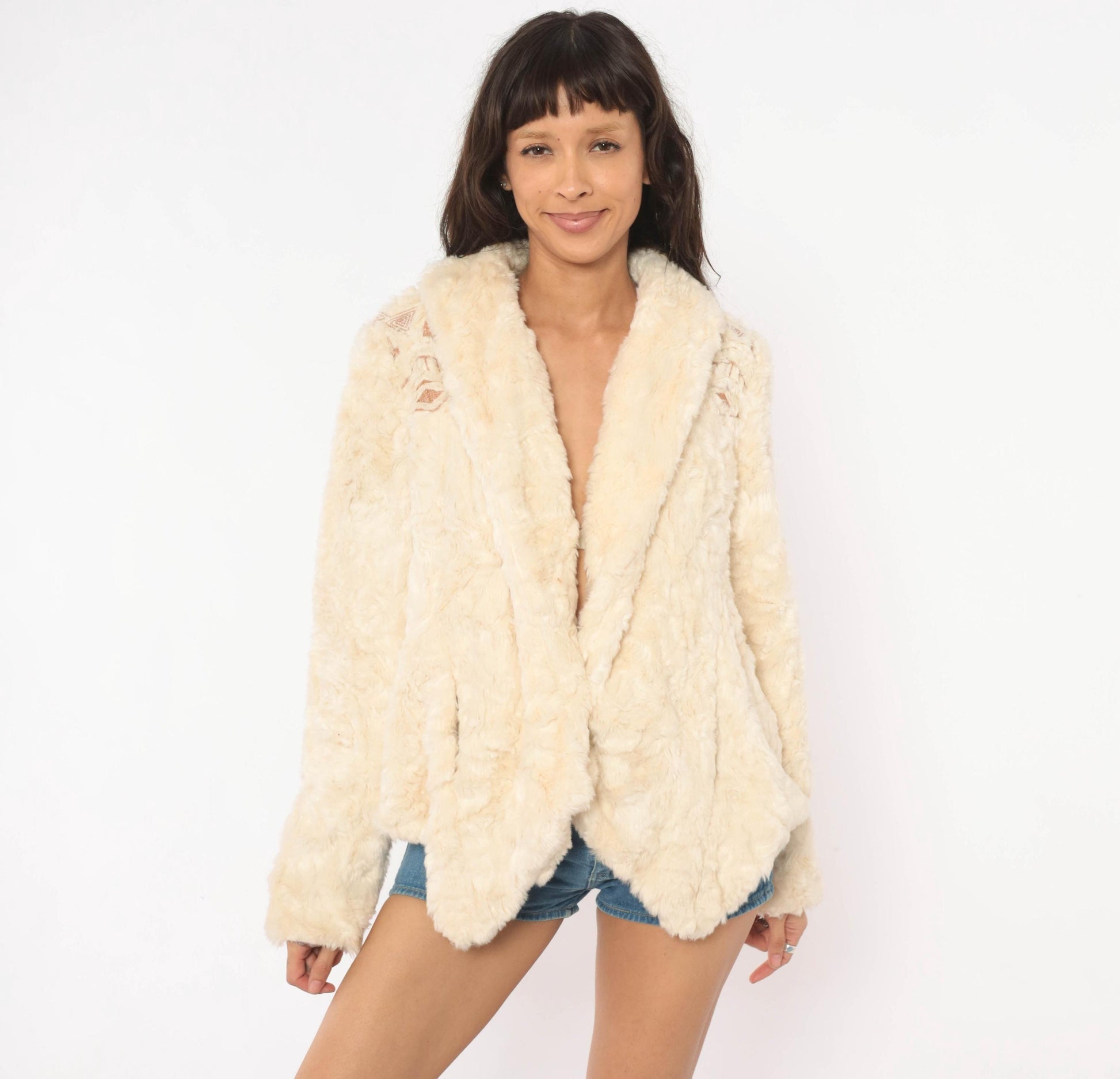 Free People 2000s Cream Faux Fur Jacket Tribal Embroidery Shawl Collar Medium M