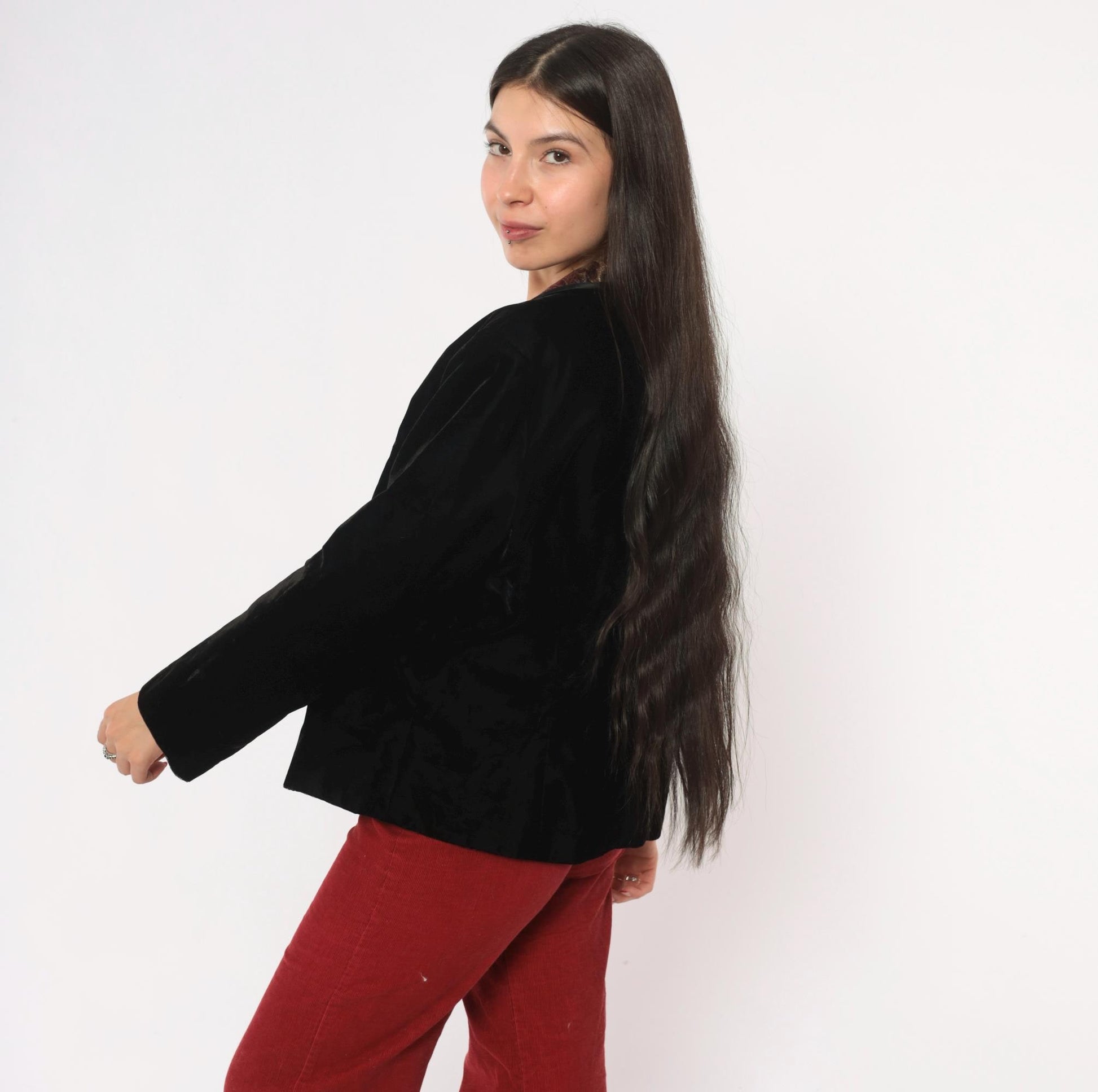 90s Patra Black Velvet Blazer Burgundy Gold Brocade Ruffle Collar Large L