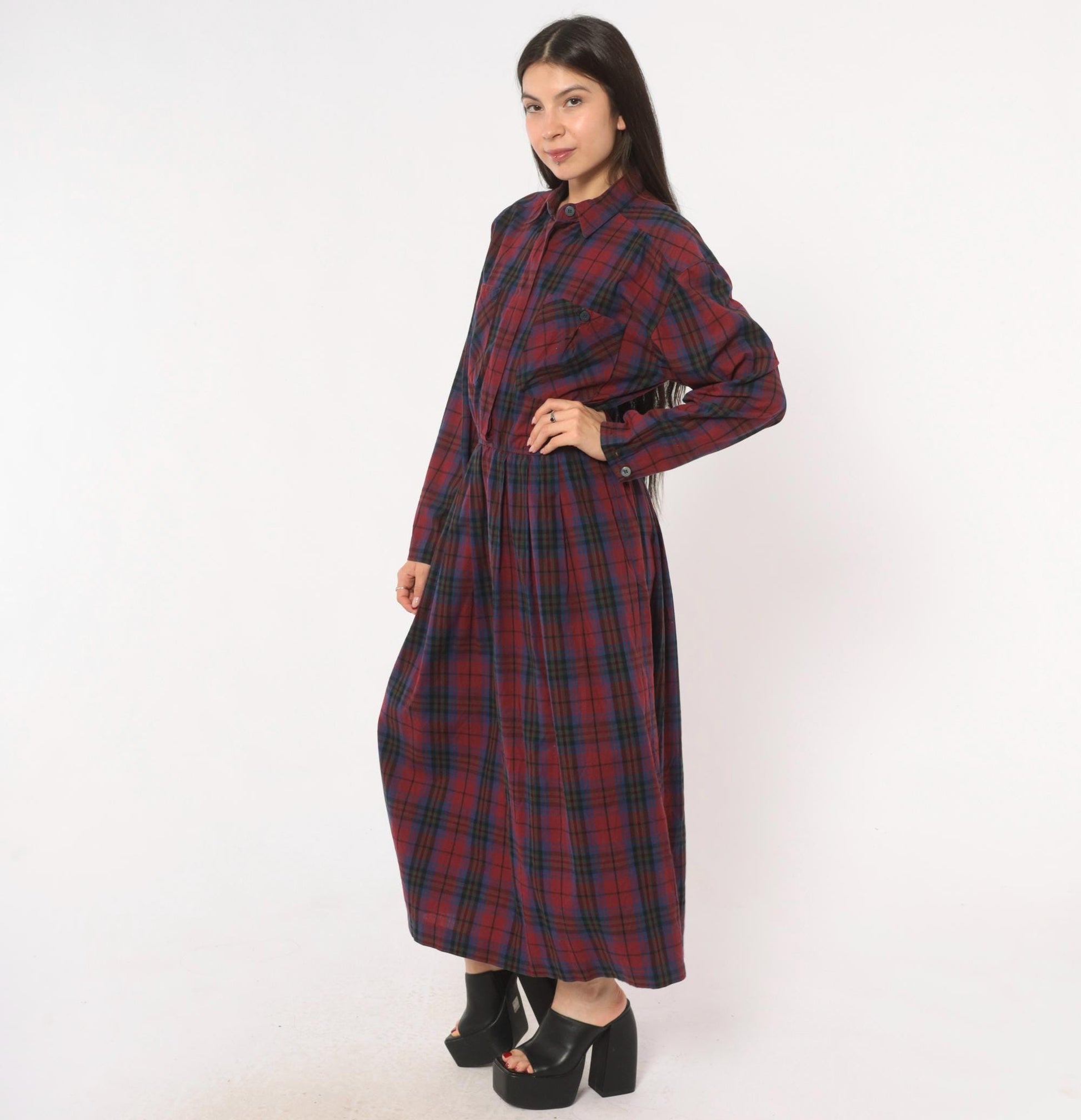 80s Dépèche Mode Plaid Maxi Dress Burgundy Navy Cotton Shirt Collar Medium