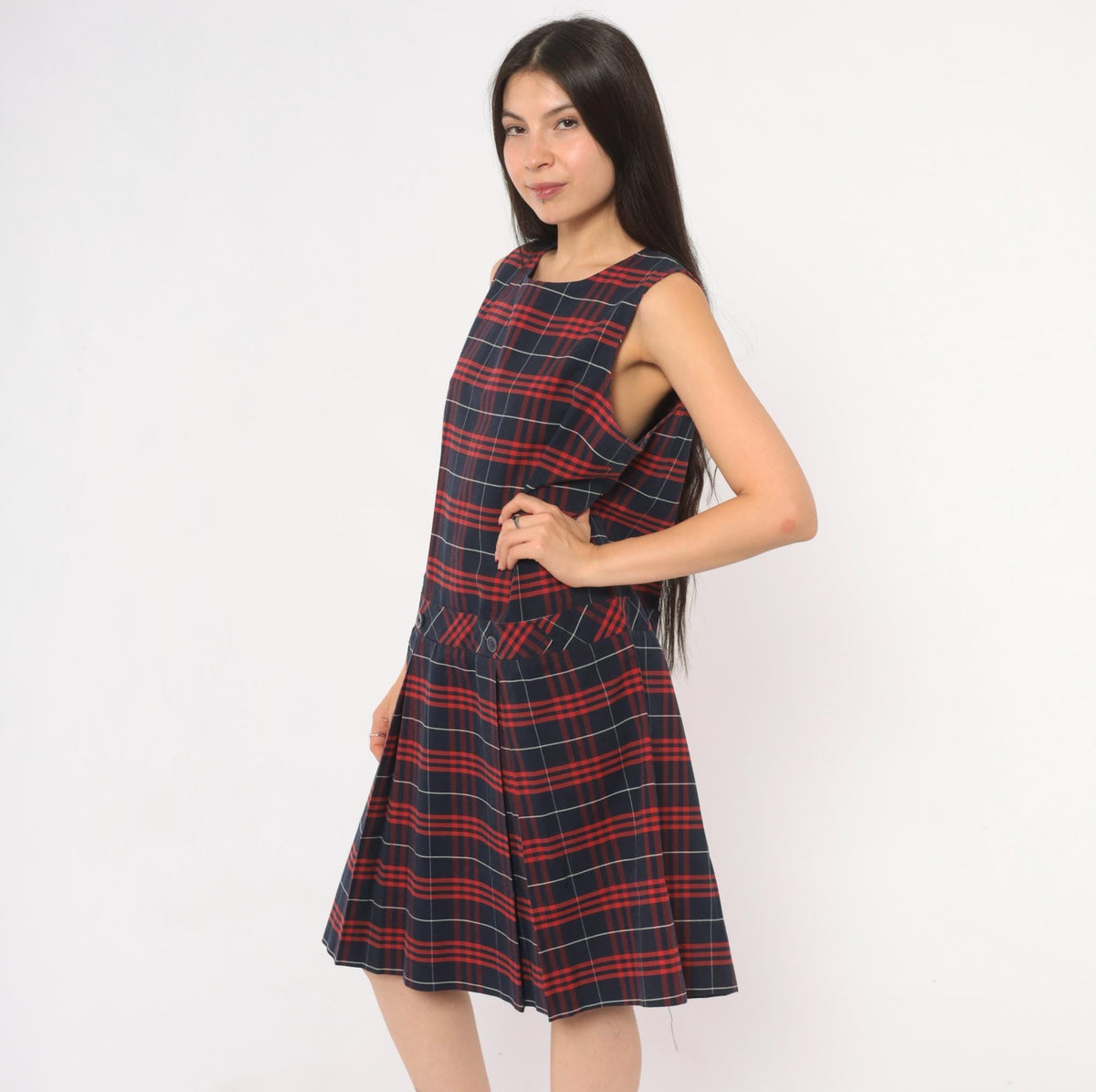 80s Fontaine Apparel Navy Red Tartan Plaid Drop Waist Dress Cotton Medium M