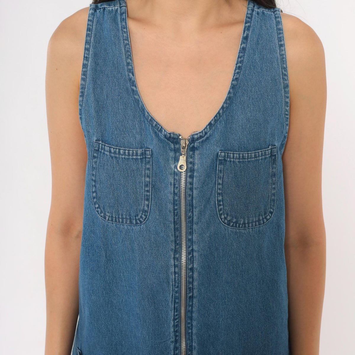 90s Premier Denim Jumper Dress Zip Front Mini Blue Cotton Medium M