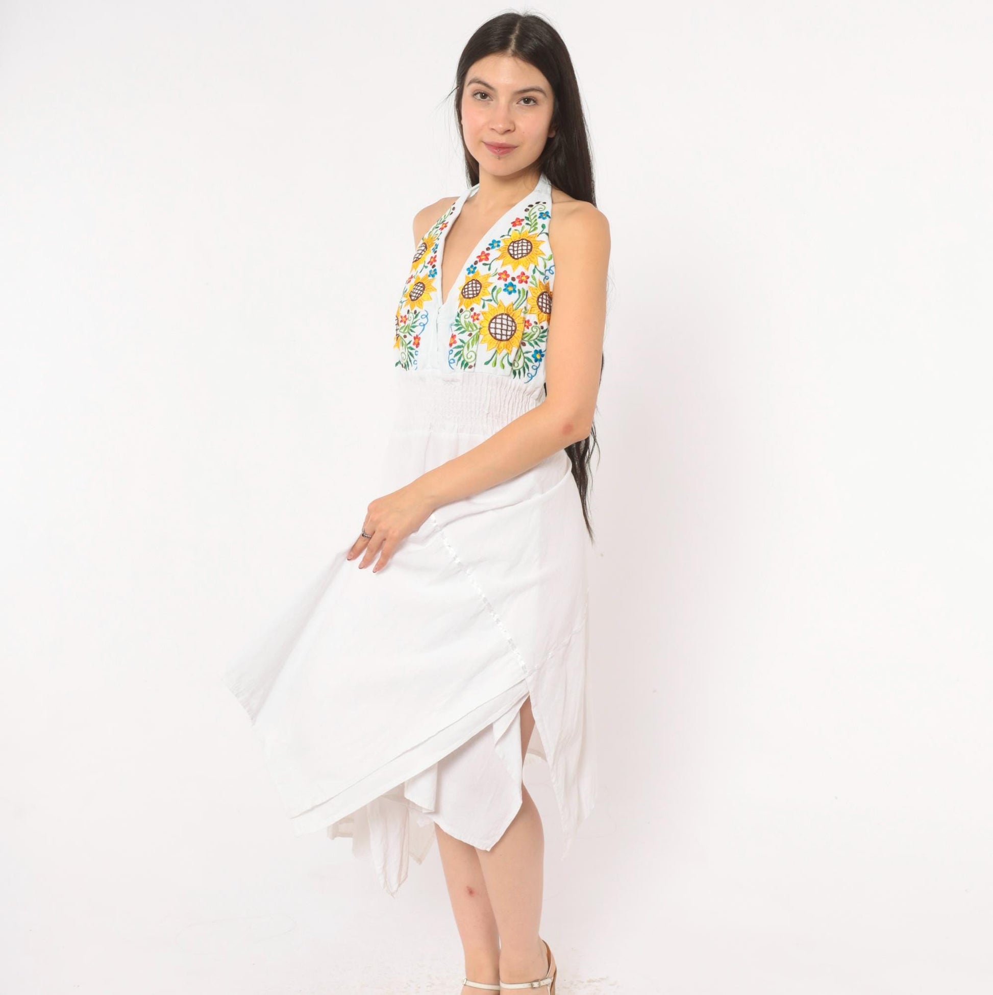 90s White Sunflower Embroidered Halter Dress Cotton Handkerchief Hem Medium