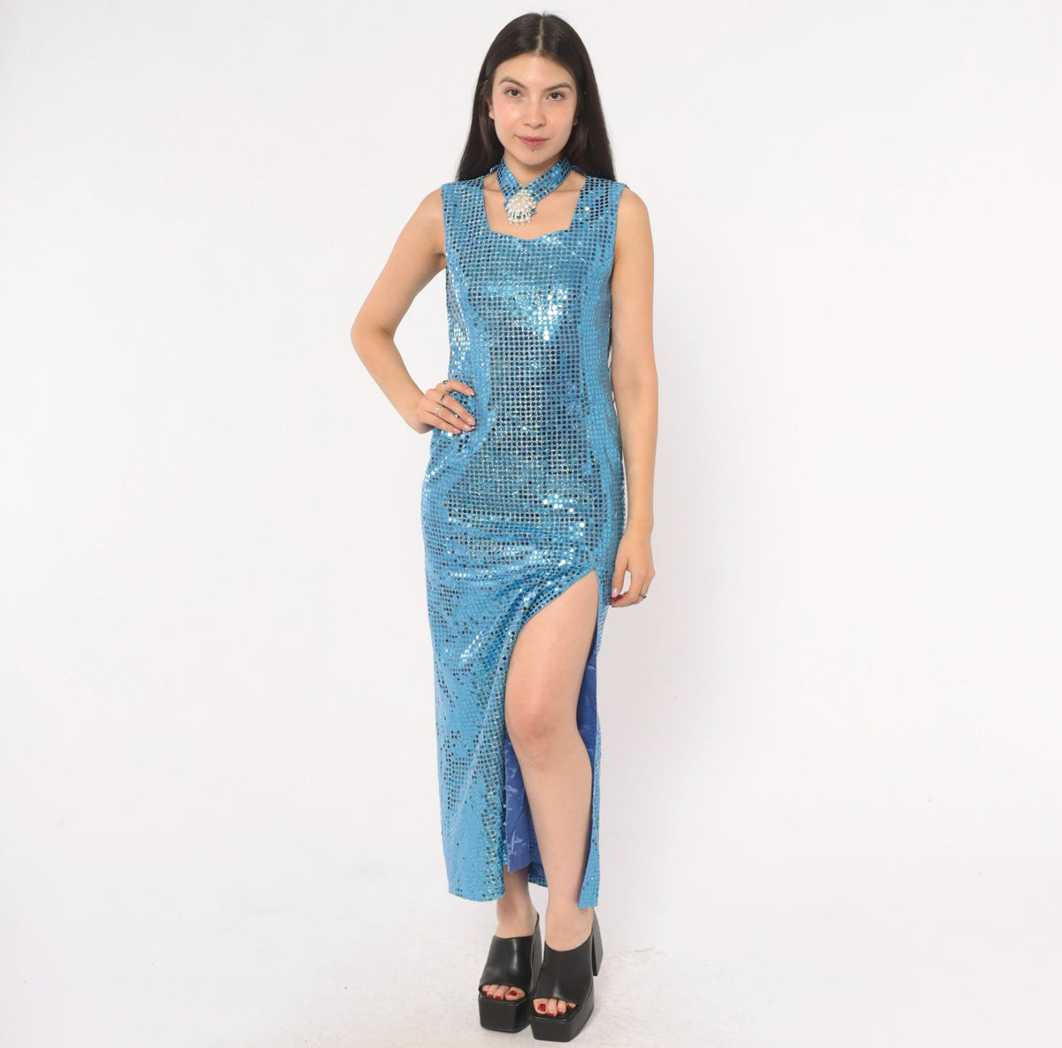 80s Ice Blue Sequin Maxi Dress Choker Neck Keyhole Sleeveless Small