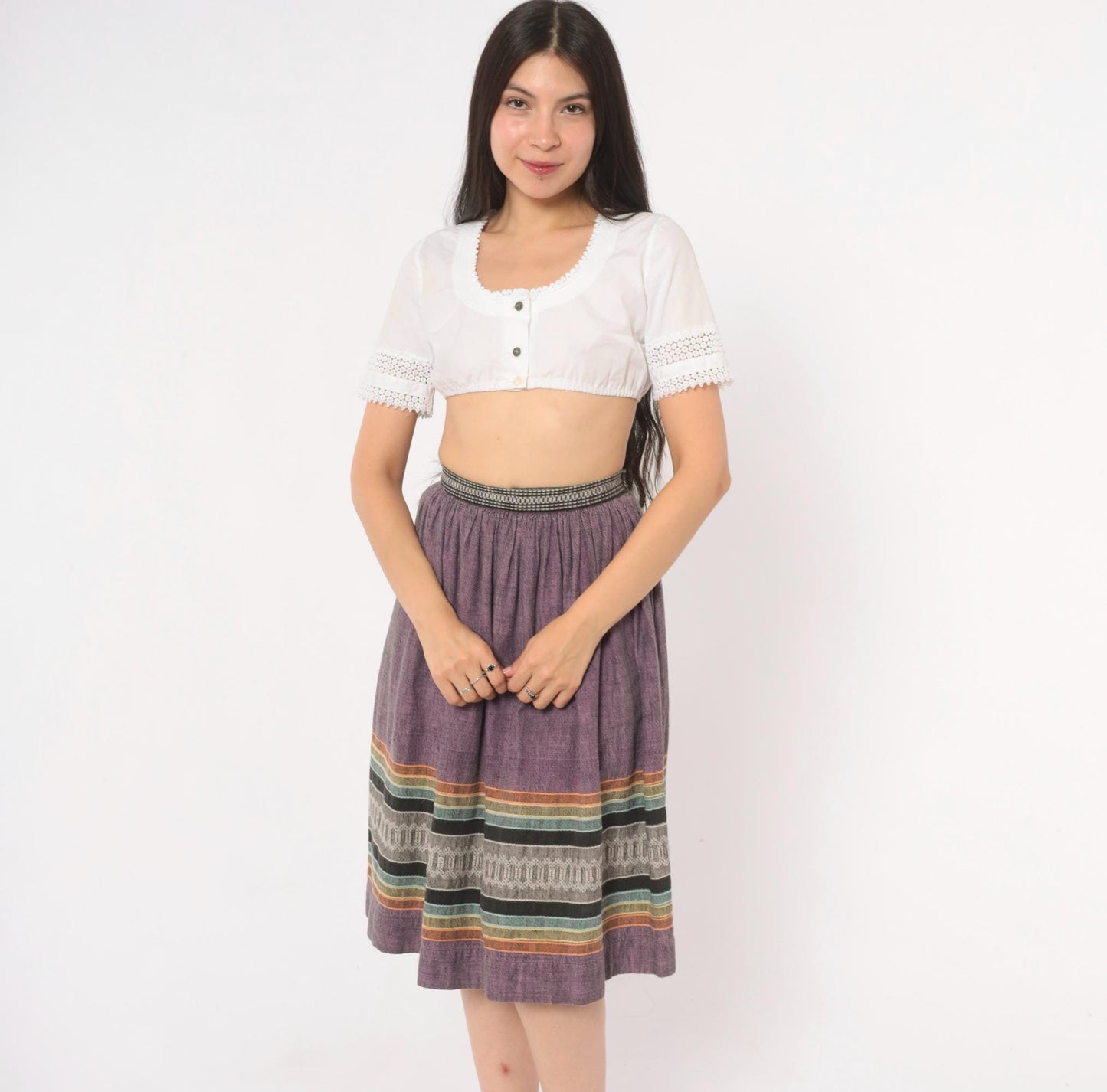 1980s Purple Woven Stripe Knee Skirt Cotton Linen Gathered Waist XS