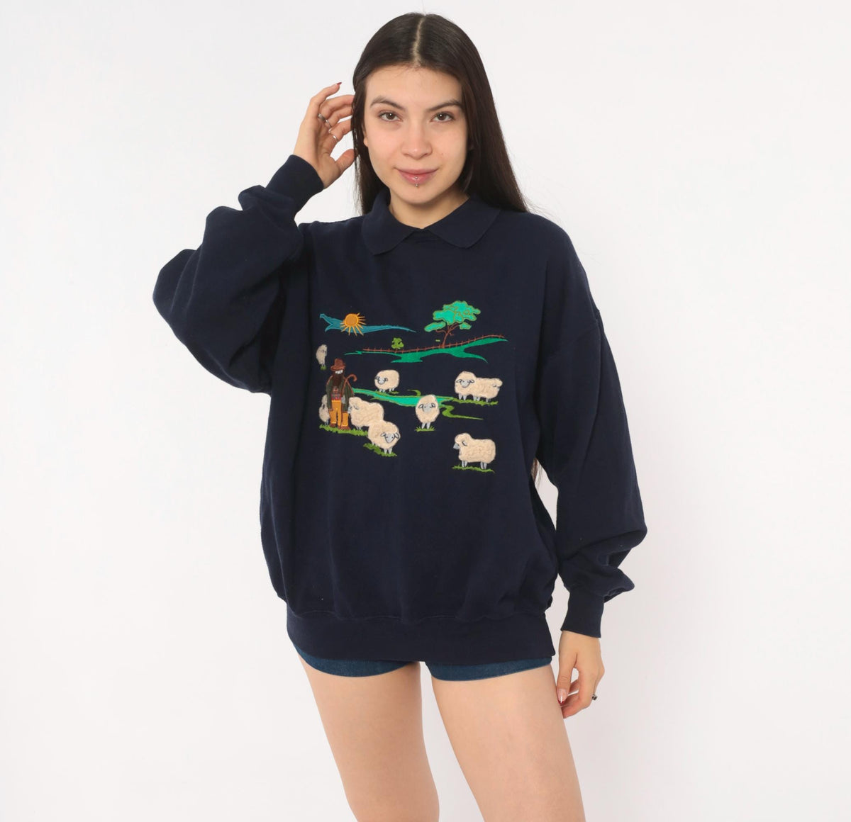 80s Tulchan Navy Collared Sweatshirt Embroidered Sheep Pastoral Scene Large L