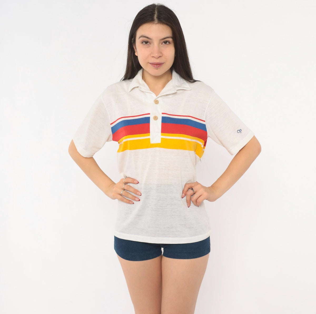 80s Ocean Pacific Polo Striped Chest Band Cotton Surf Collared Tee Small S