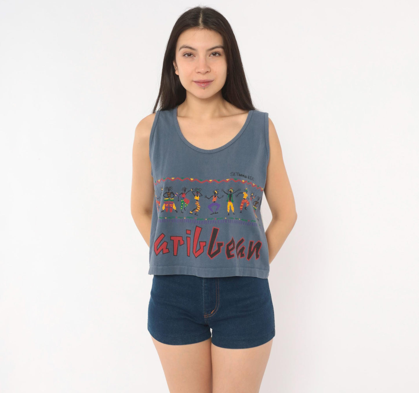 90s Alore Caribbean Dancer Crop Tank St Thomas Blue Cotton Medium