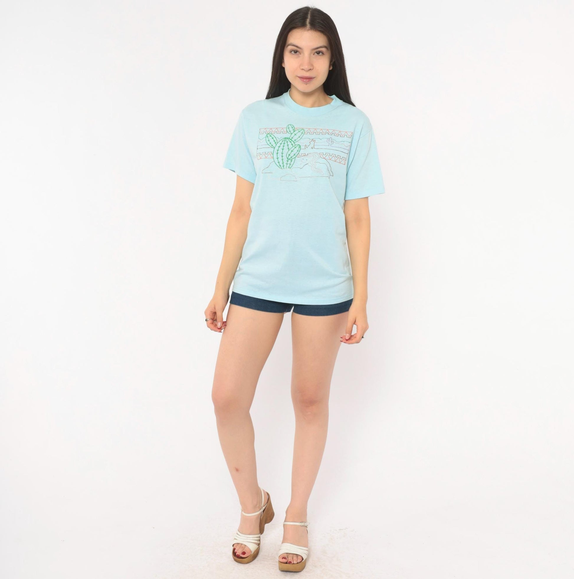 80s Sunbelt Sportswear Desert Cactus Snake Graphic Tee Light Blue Small