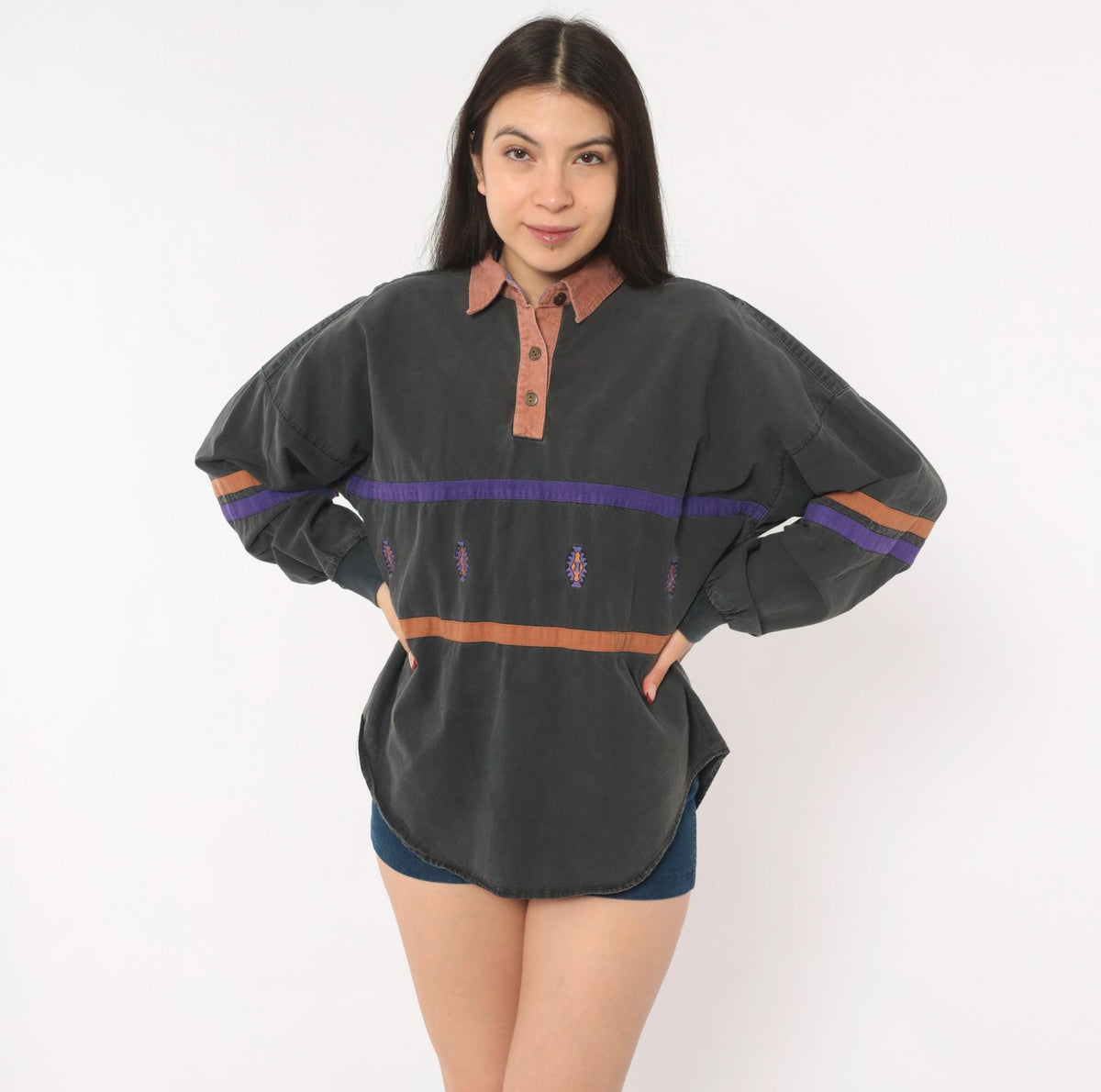 90s Roper Southwestern Rugby Polo Grey Purple Stripe Embroidered Medium M