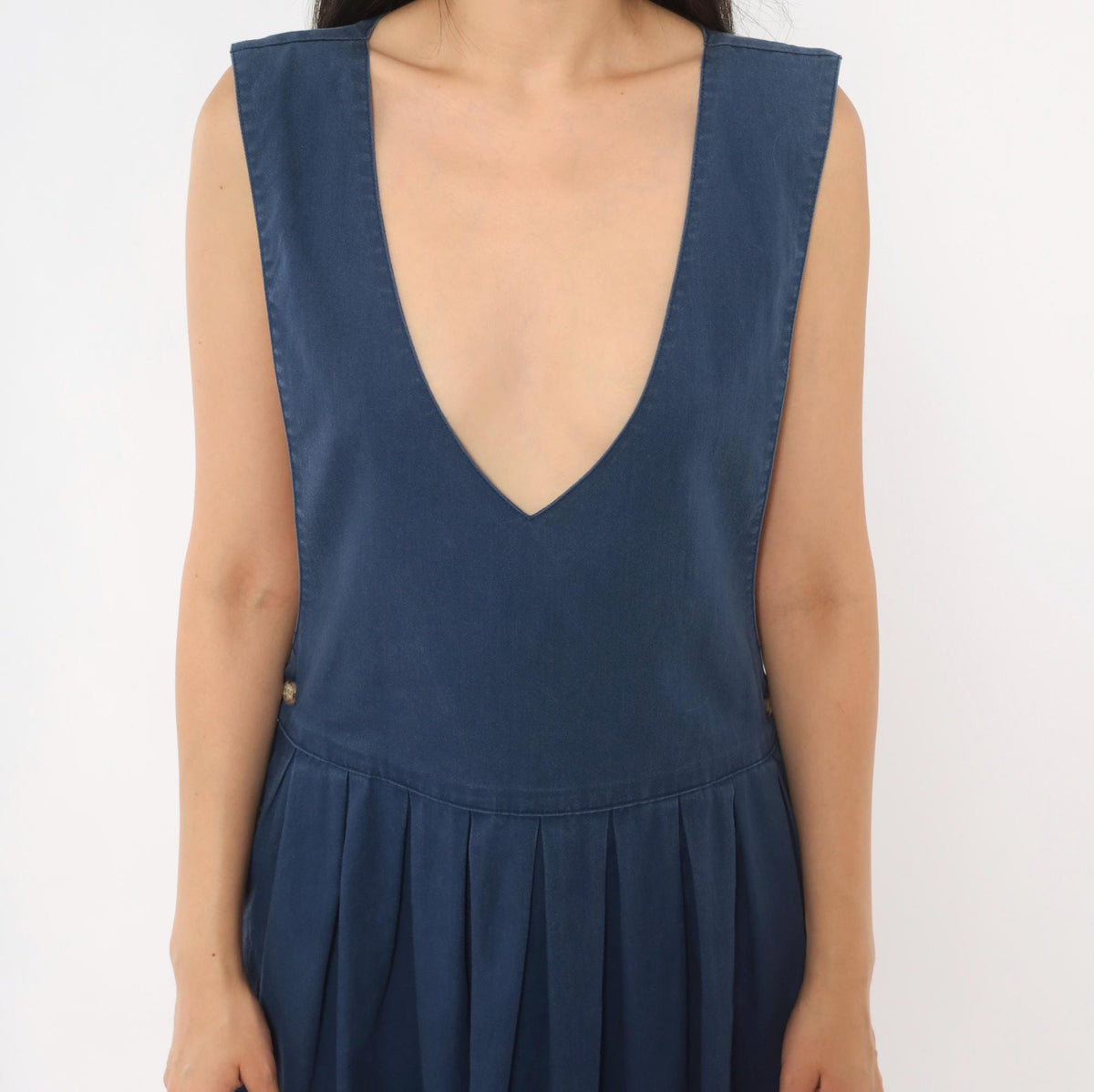 80s Fenwick Navy Cotton Jumper Dress Deep V Maxi Pleated Medium M