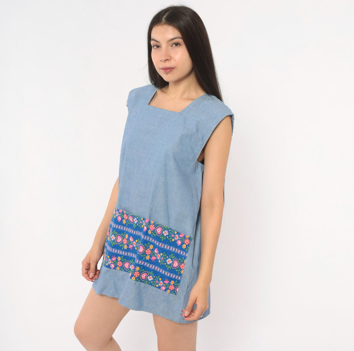 70s Light Blue Chambray Tunic Apron Dress Floral Print Open Back Small
