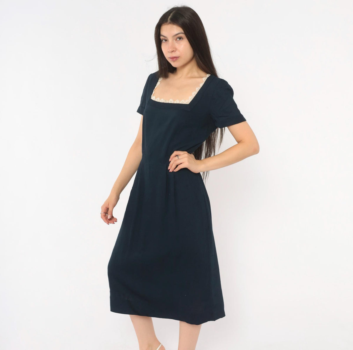 60s Navy Dress Square Neck Lace Trim A-Line Short Sleeve Side Zip Medium M