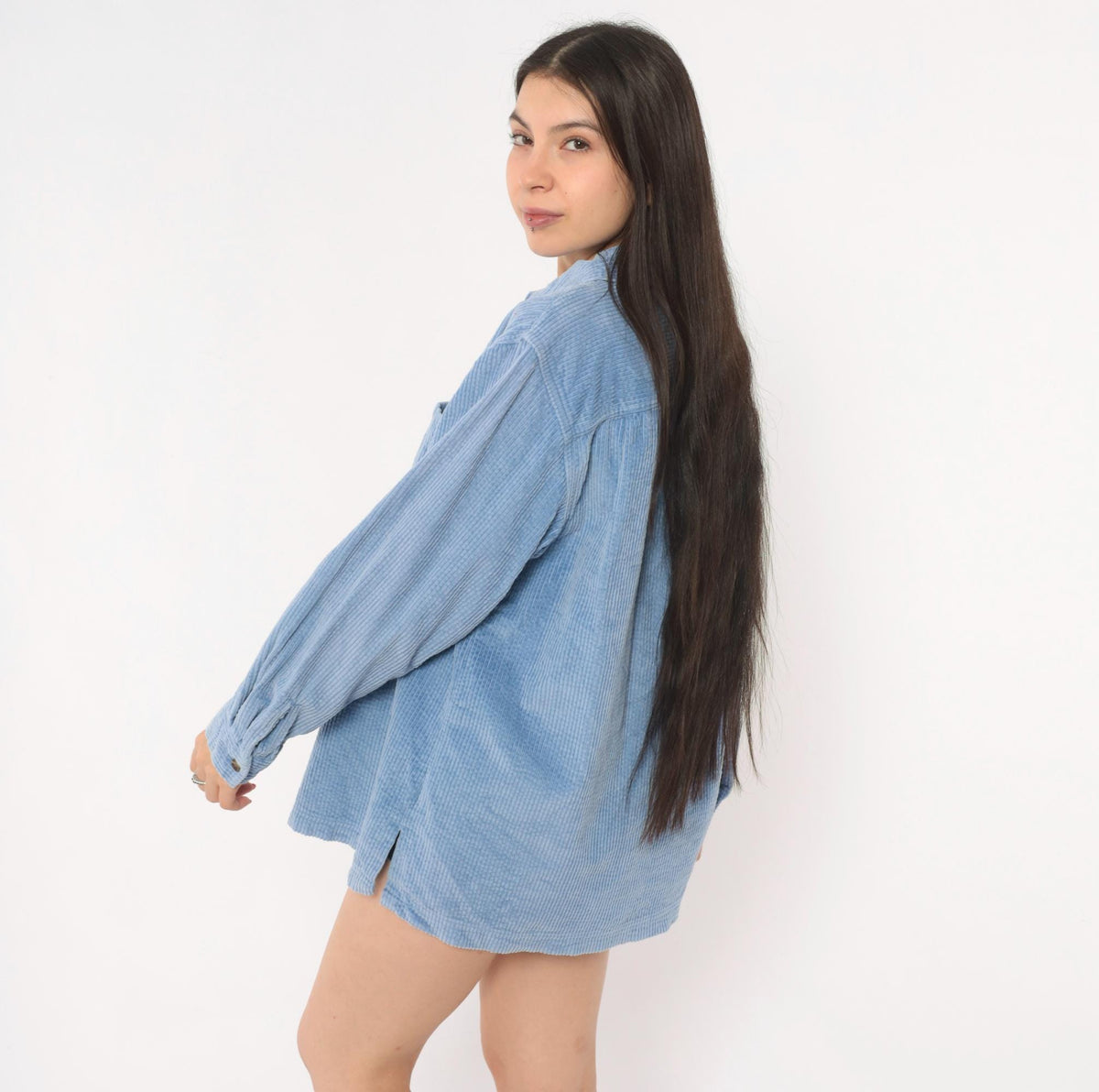 90s L.L.Bean Corduroy Button-Front Shirt Sky Blue Cotton Medium M