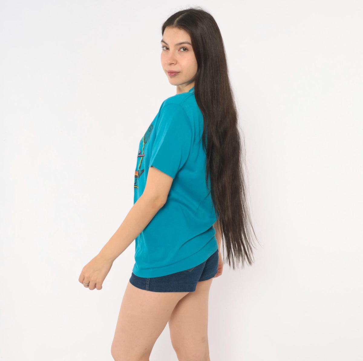 80s Chemise D'Sol Ocean Avenue Beach Club Teal Graphic Tee Palm Tree Sunset Small