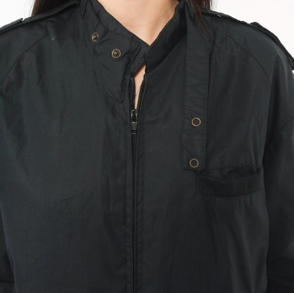 90s Black Bomber Jacket Zip Front Epaulette Military Windbreaker Medium