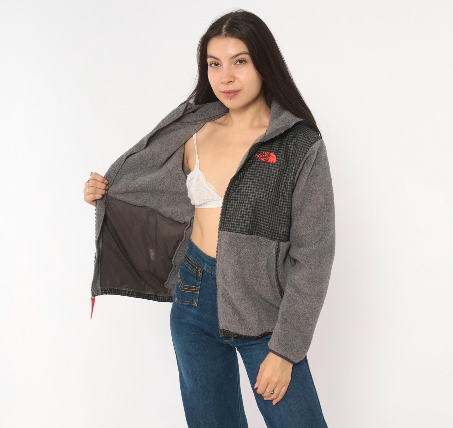 The North Face Denali Hooded Fleece Jacket Grey Nylon 2000s Medium