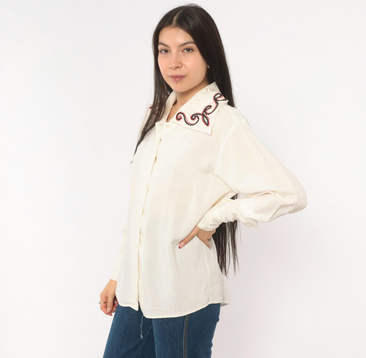 80s Bellows Brut Cream Western Blouse Red Black Embroidered Collar Medium M