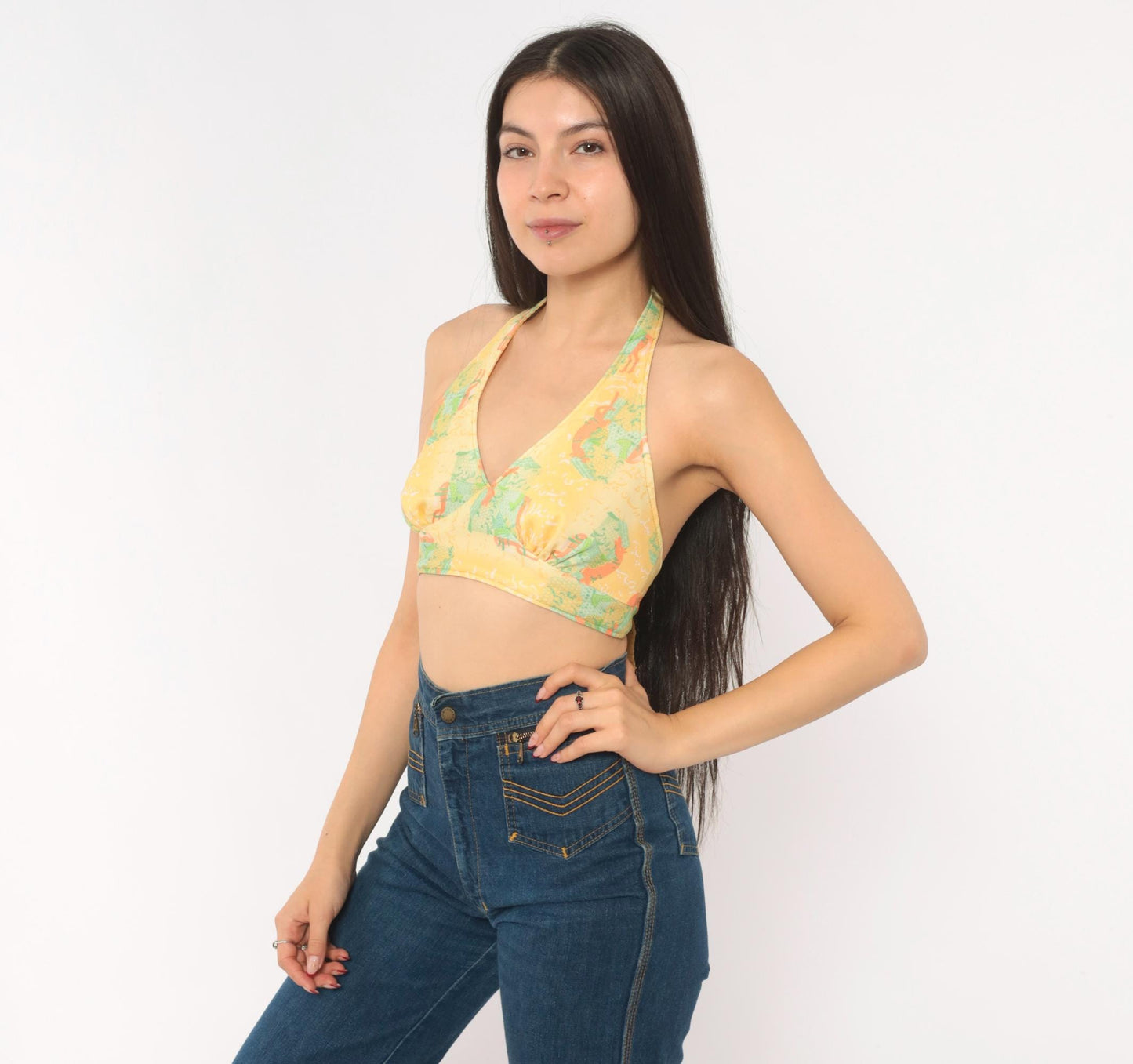 70s Yellow Floral Halter Crop Top Backless Tie Blouse Small
