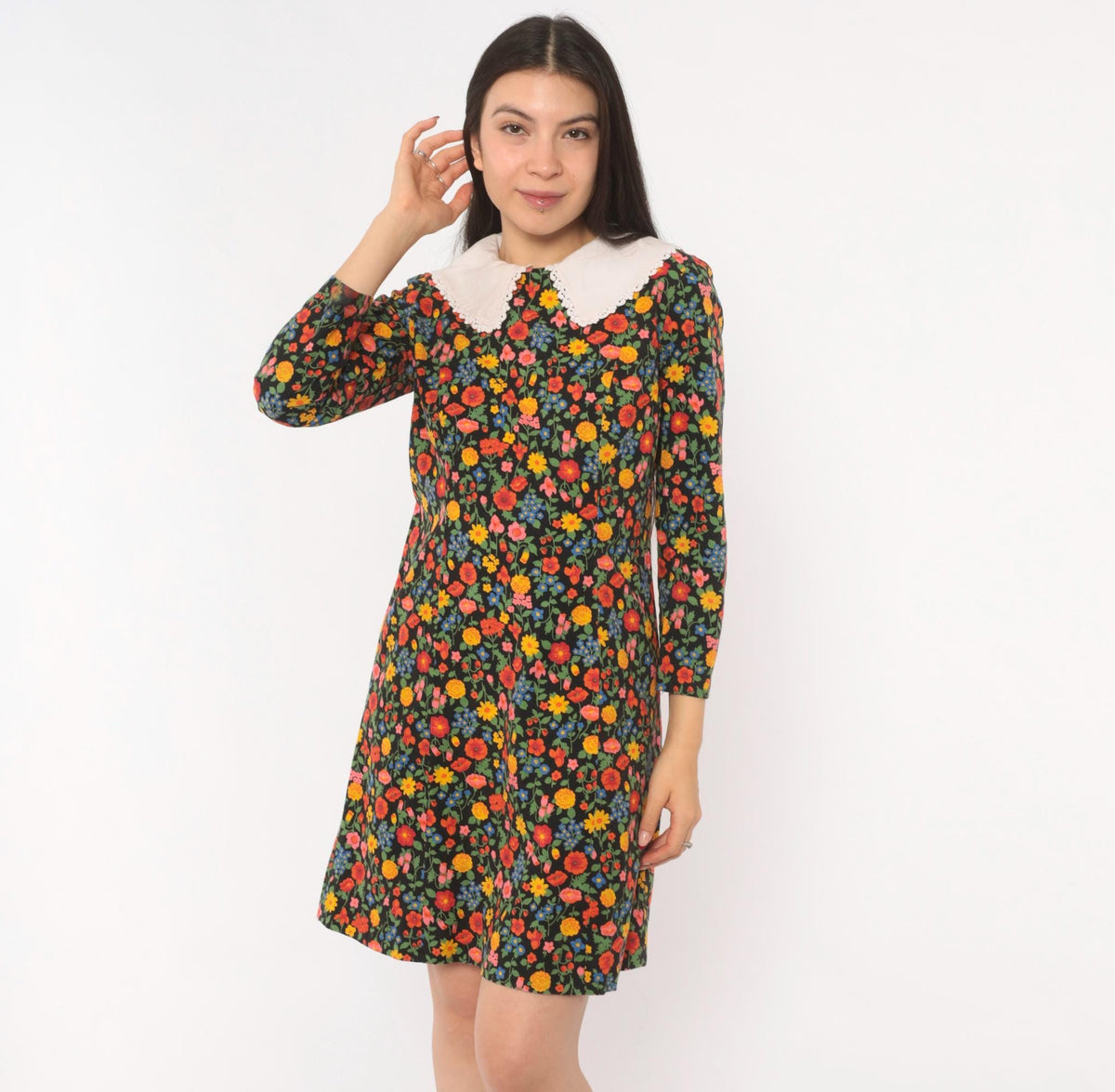60s Black Floral Peter Pan Collar Shift Dress Wildflower Print Small